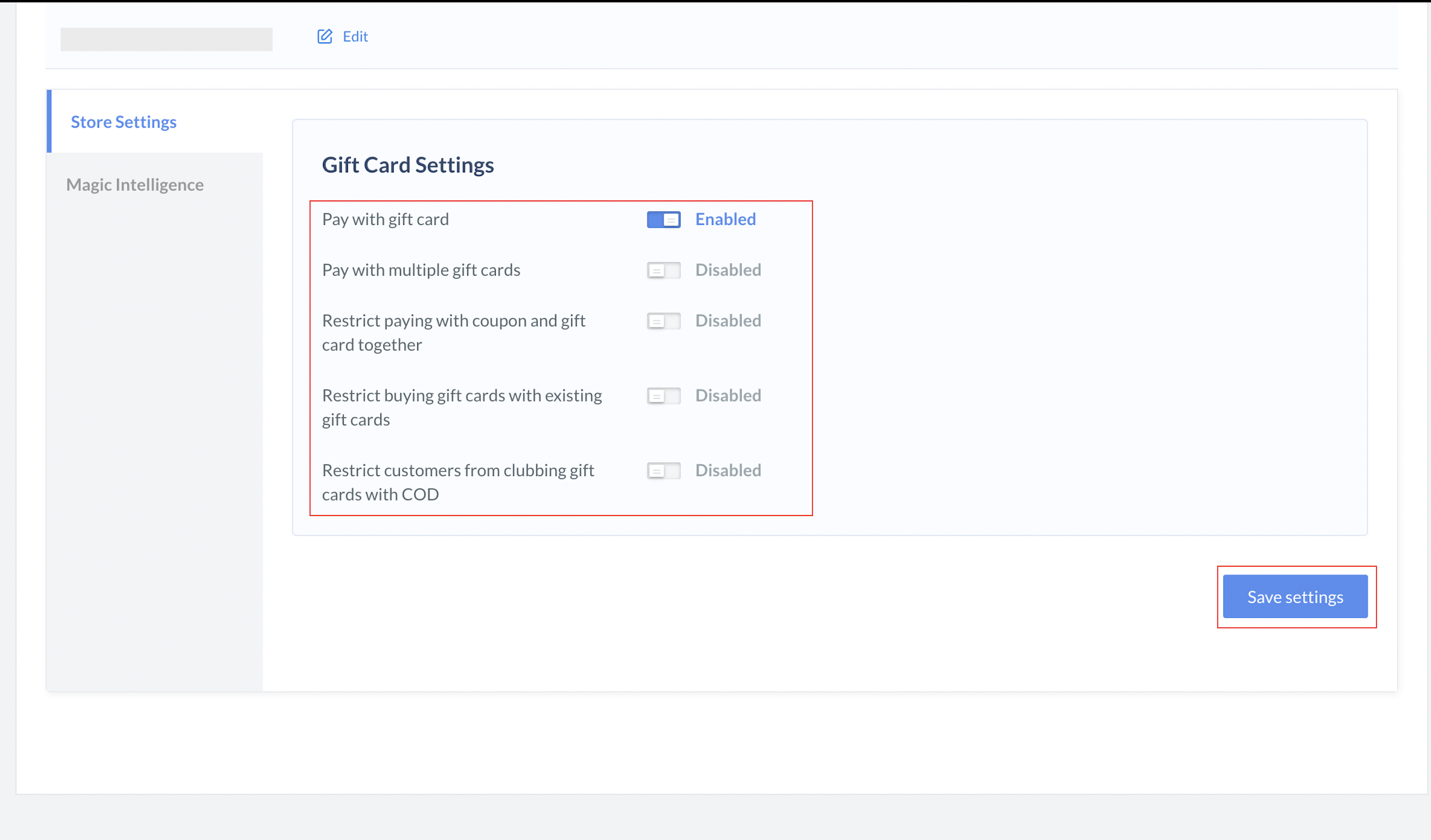 Configure the gift card options if required