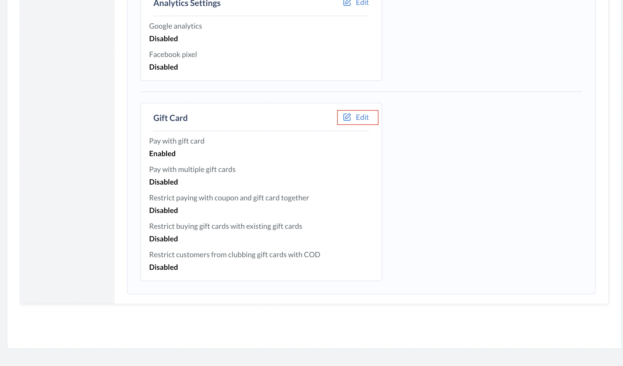 Click edit to enable/disable gift card fields