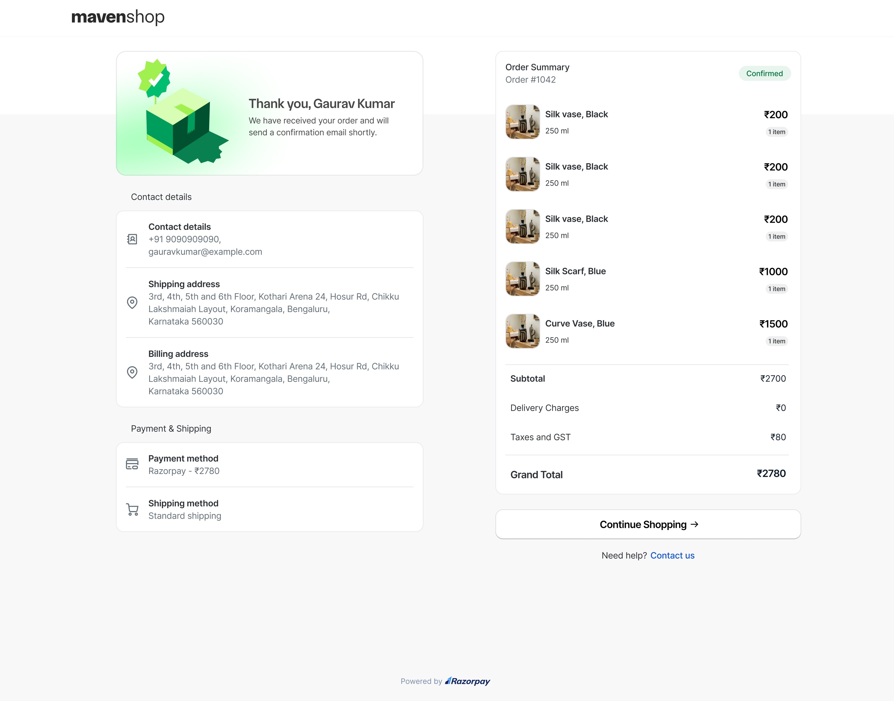 razorpay-hosted order confirmation thank you page for shopify magic checkout on the basic plan