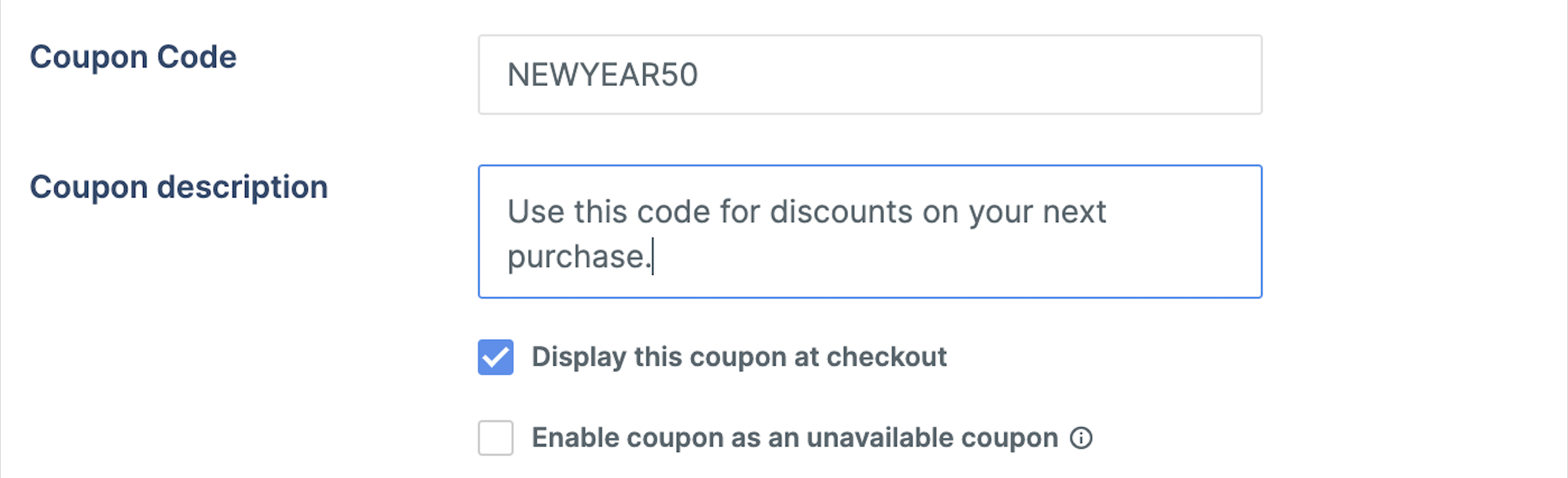 Enter the coupon code and description