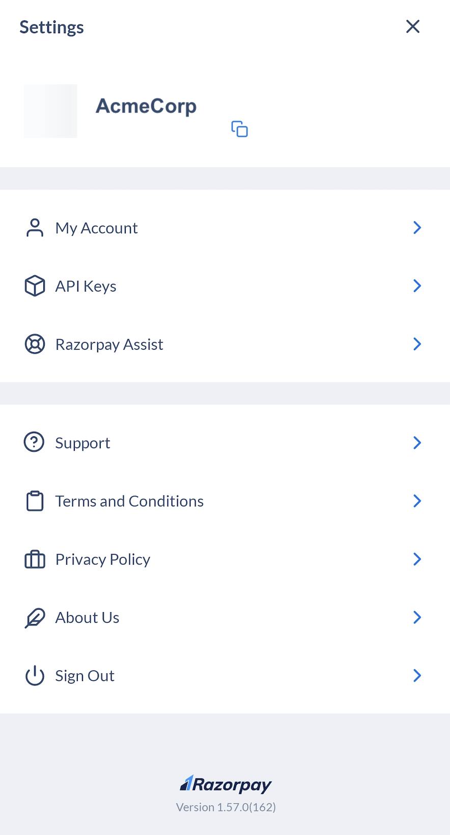 Razorpay Payments Mobile App settings