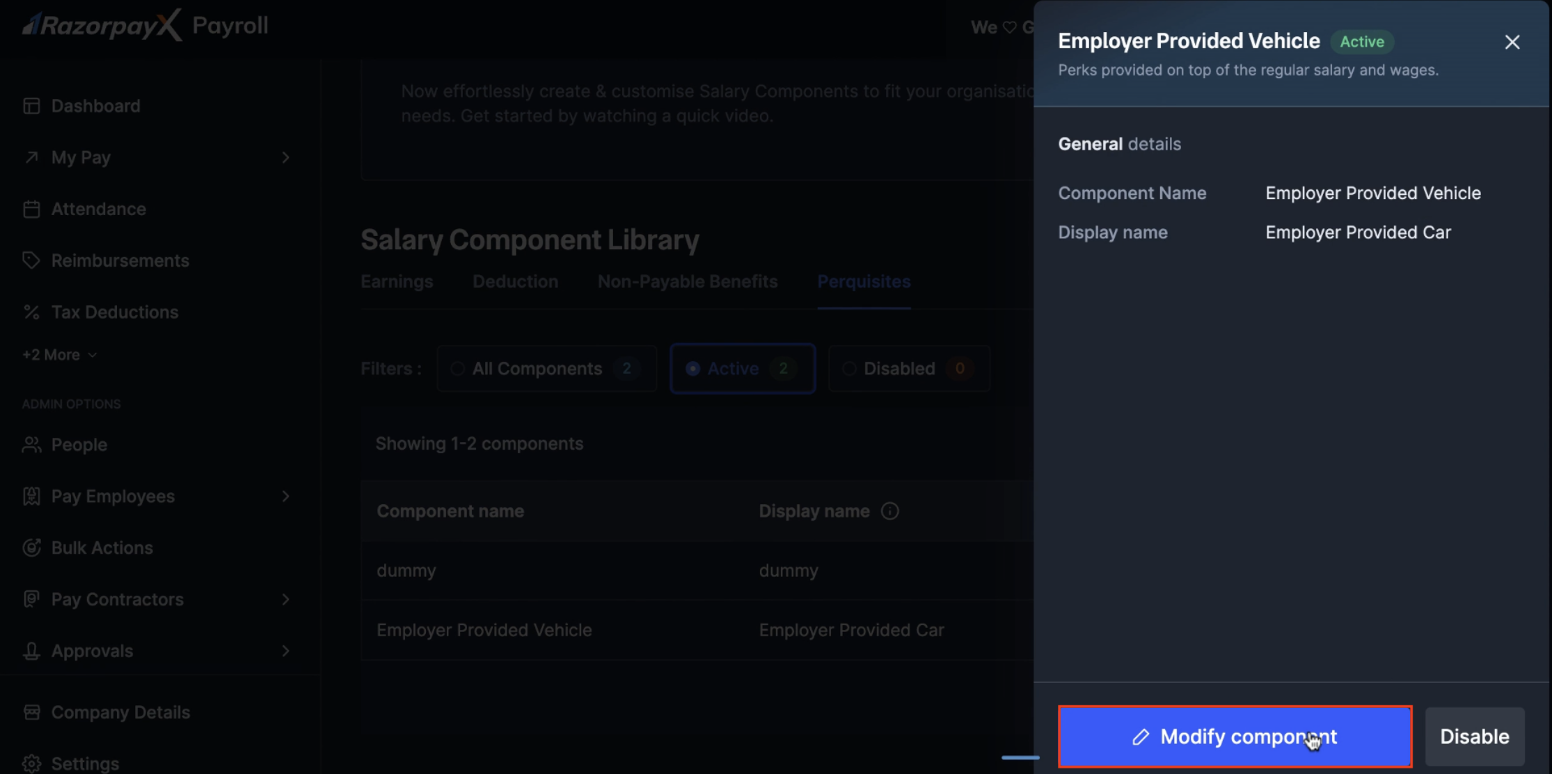 Component details panel with Modify component button highlighted.