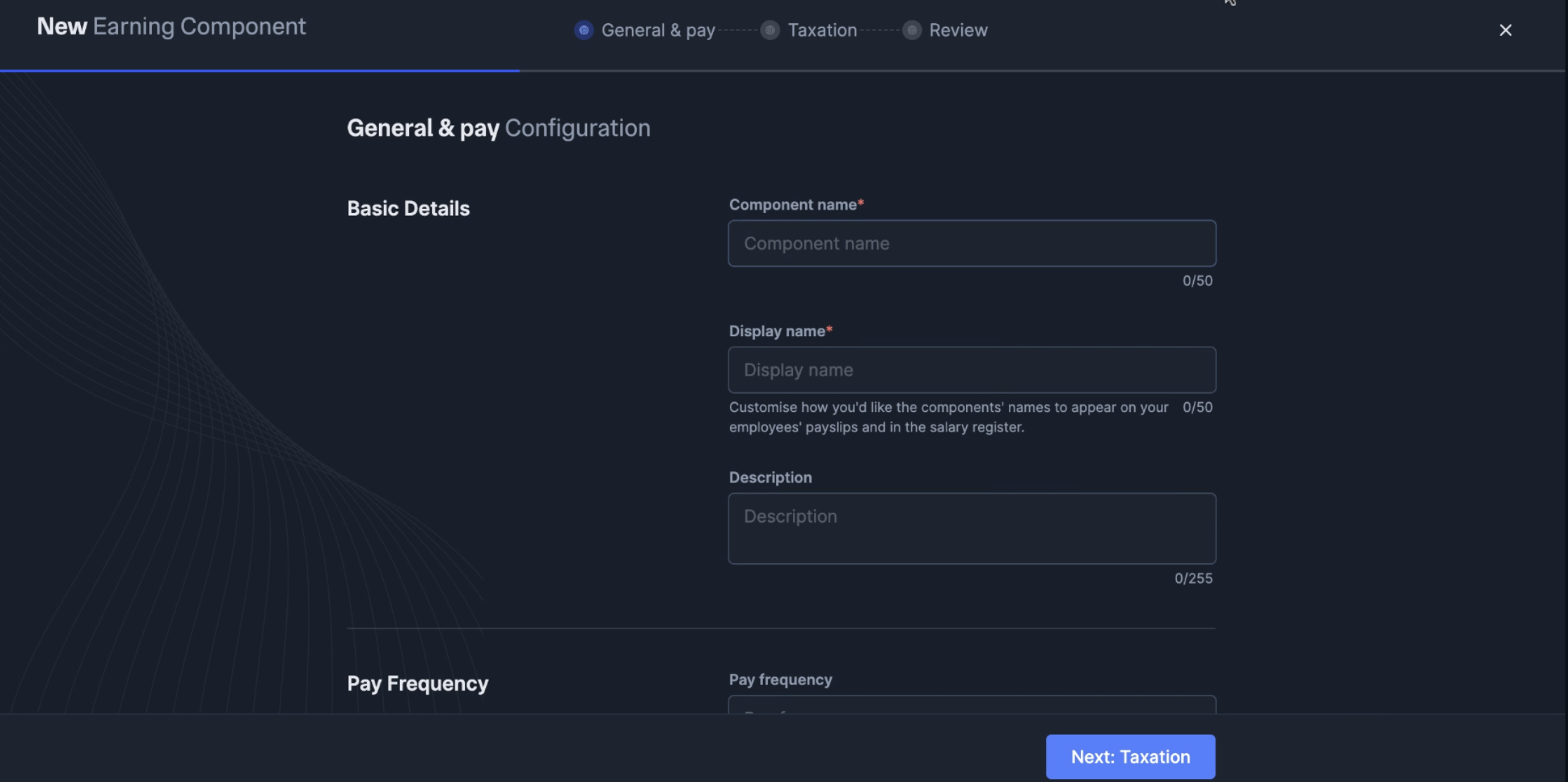 New Earning Component General and Pay Configuration page with Basic Details fields.