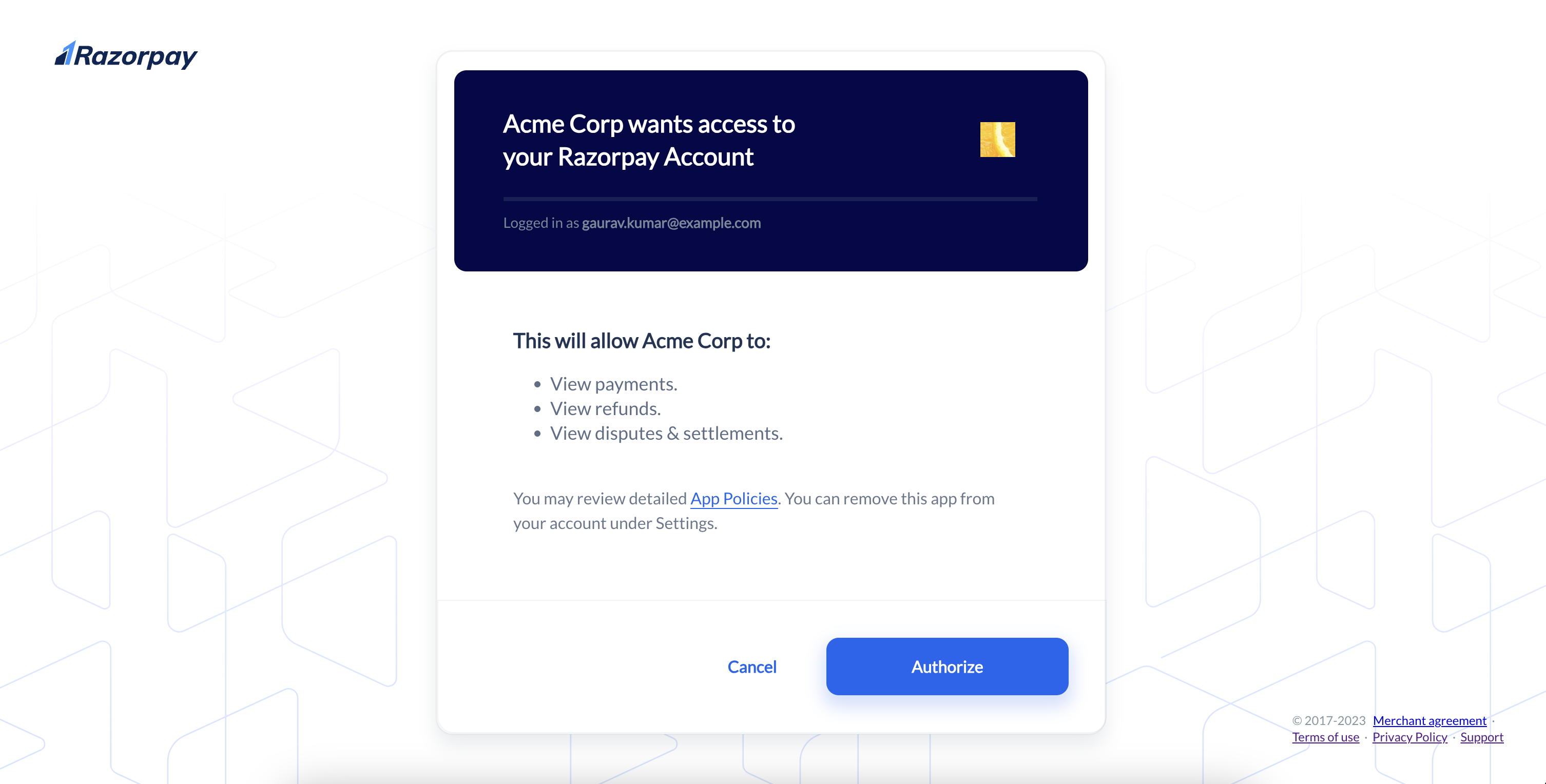 Sample Authorisation Interface