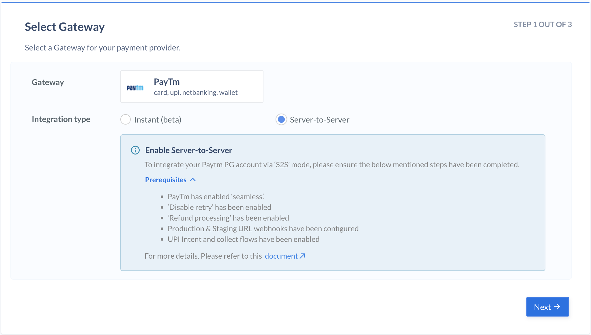 Select Paytm server-to-server