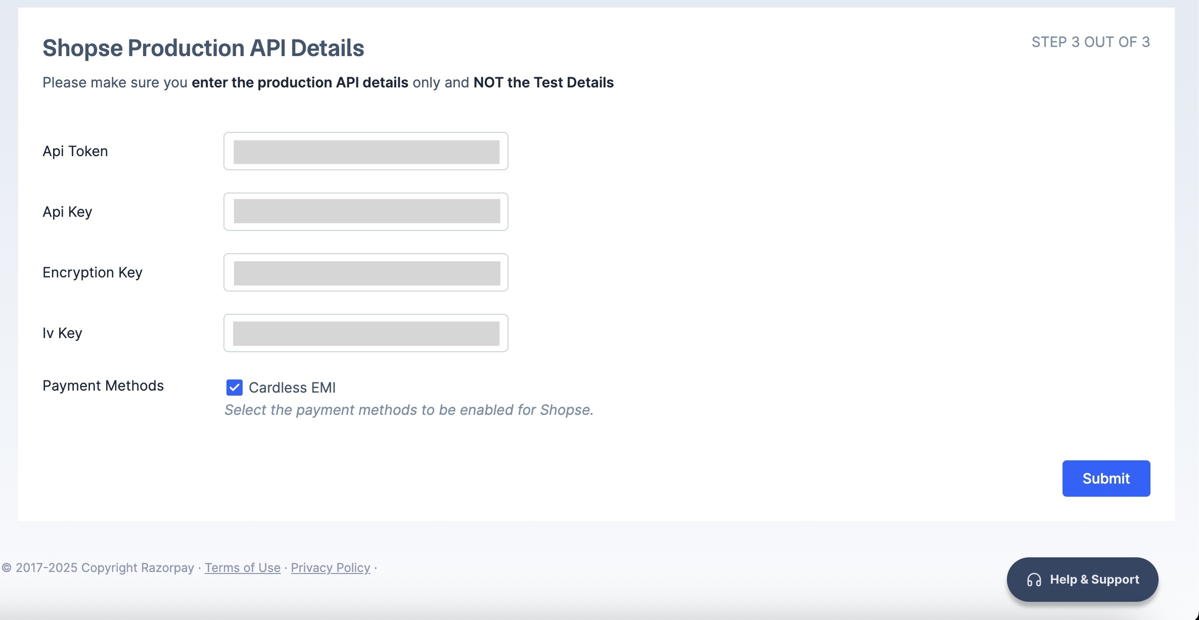 Add ShopSe production API details in Razorpay