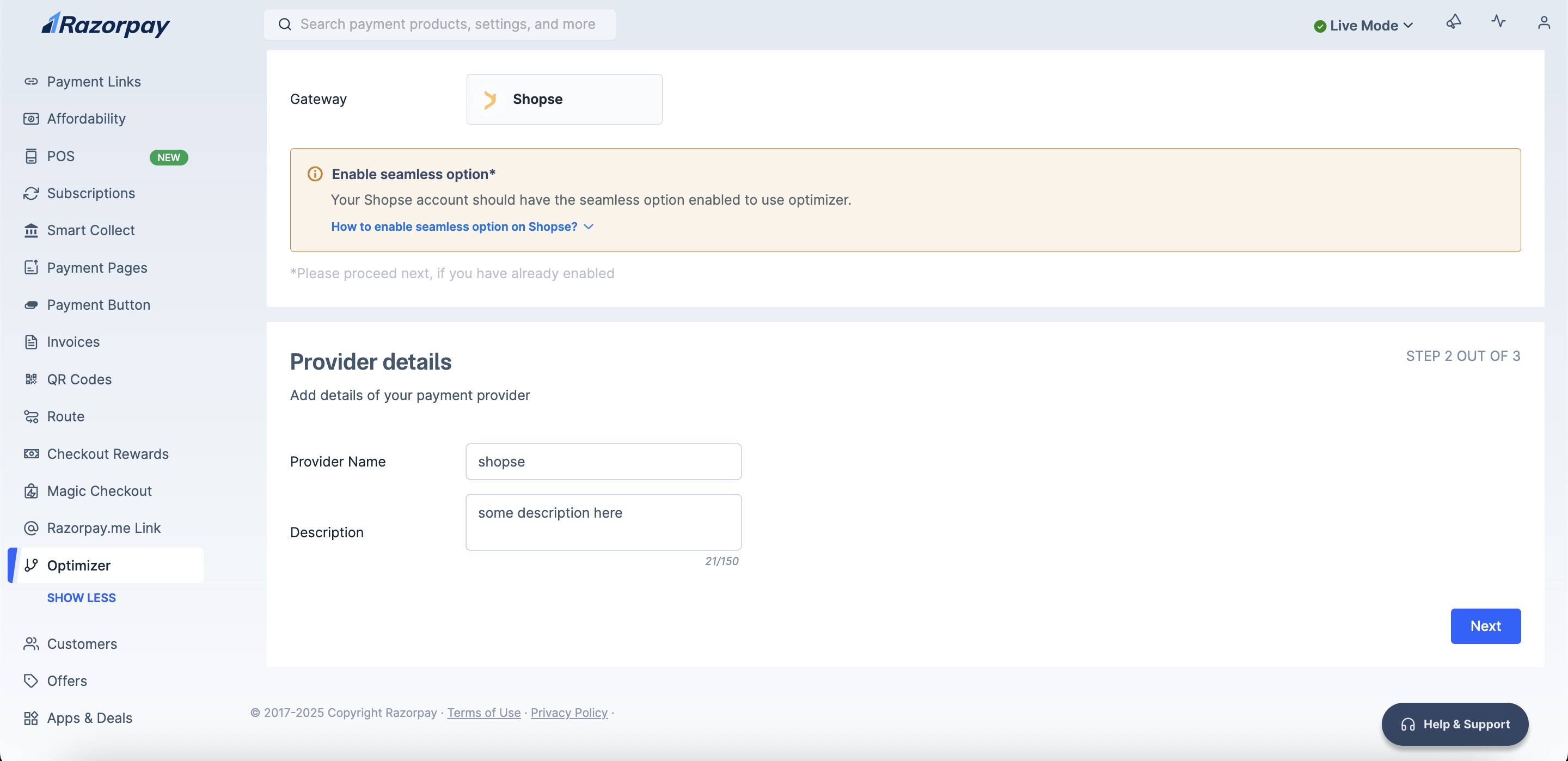 Add ShopSe payment provider in Razorpay