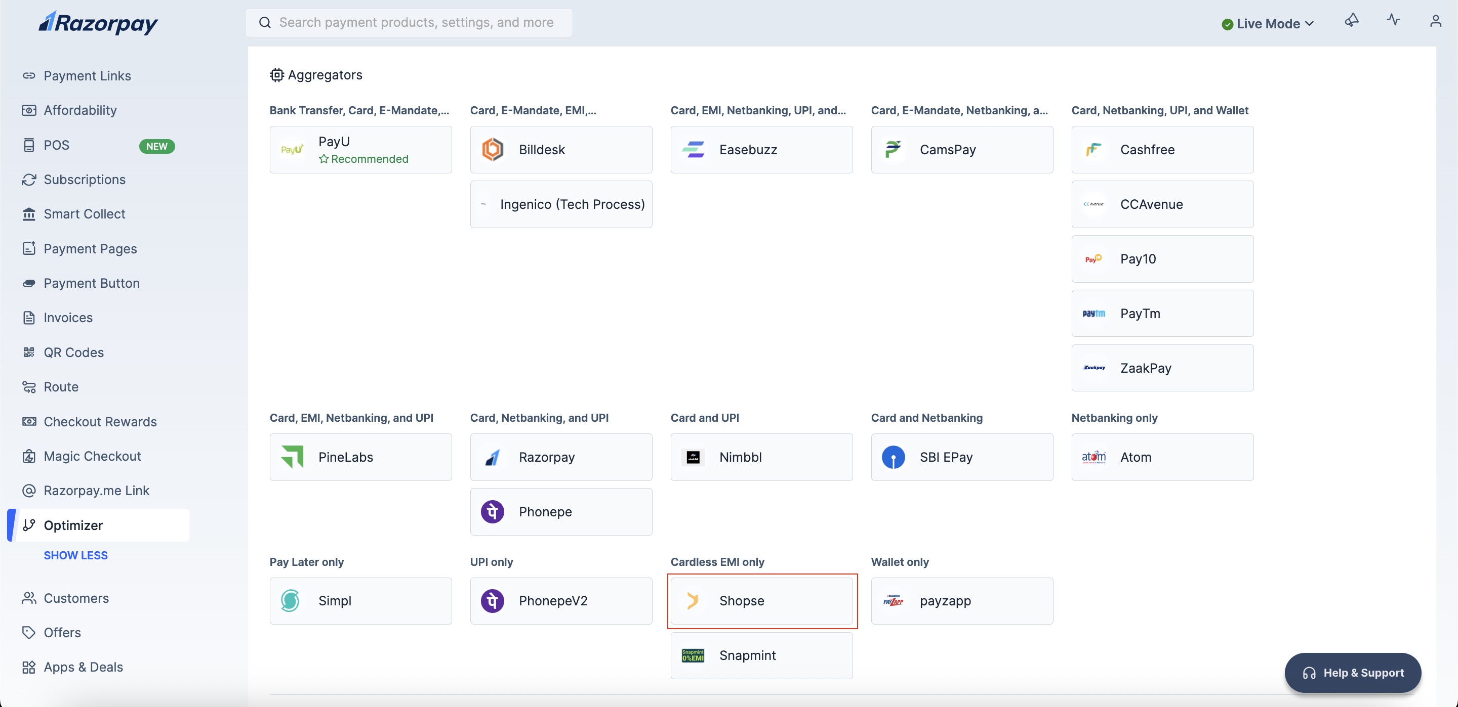 Add ShopSe payment provider in Razorpay