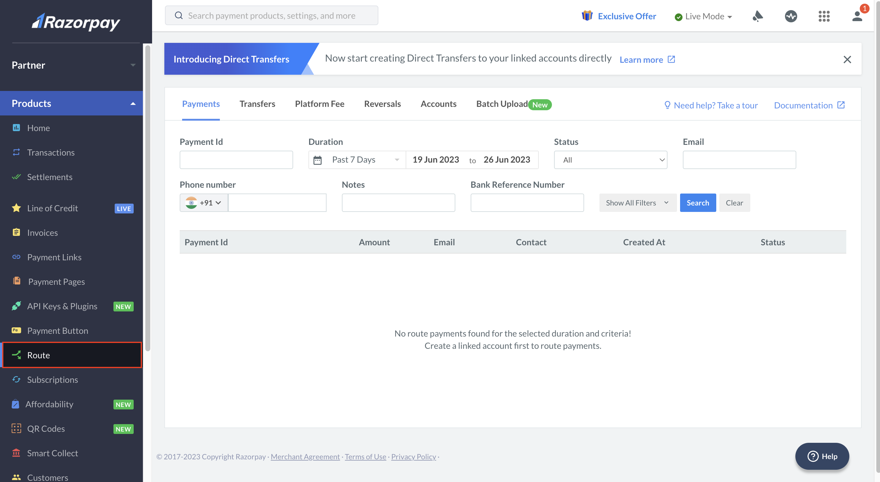 Partners Dashboard select Route