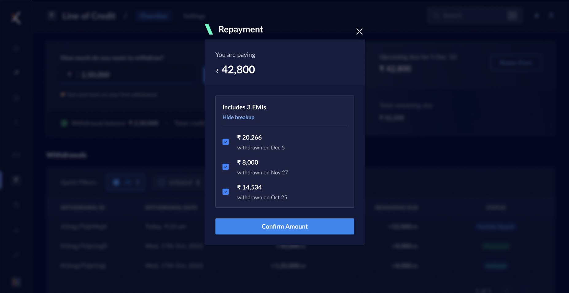 Confirm Amount after reviewing EMIs payable