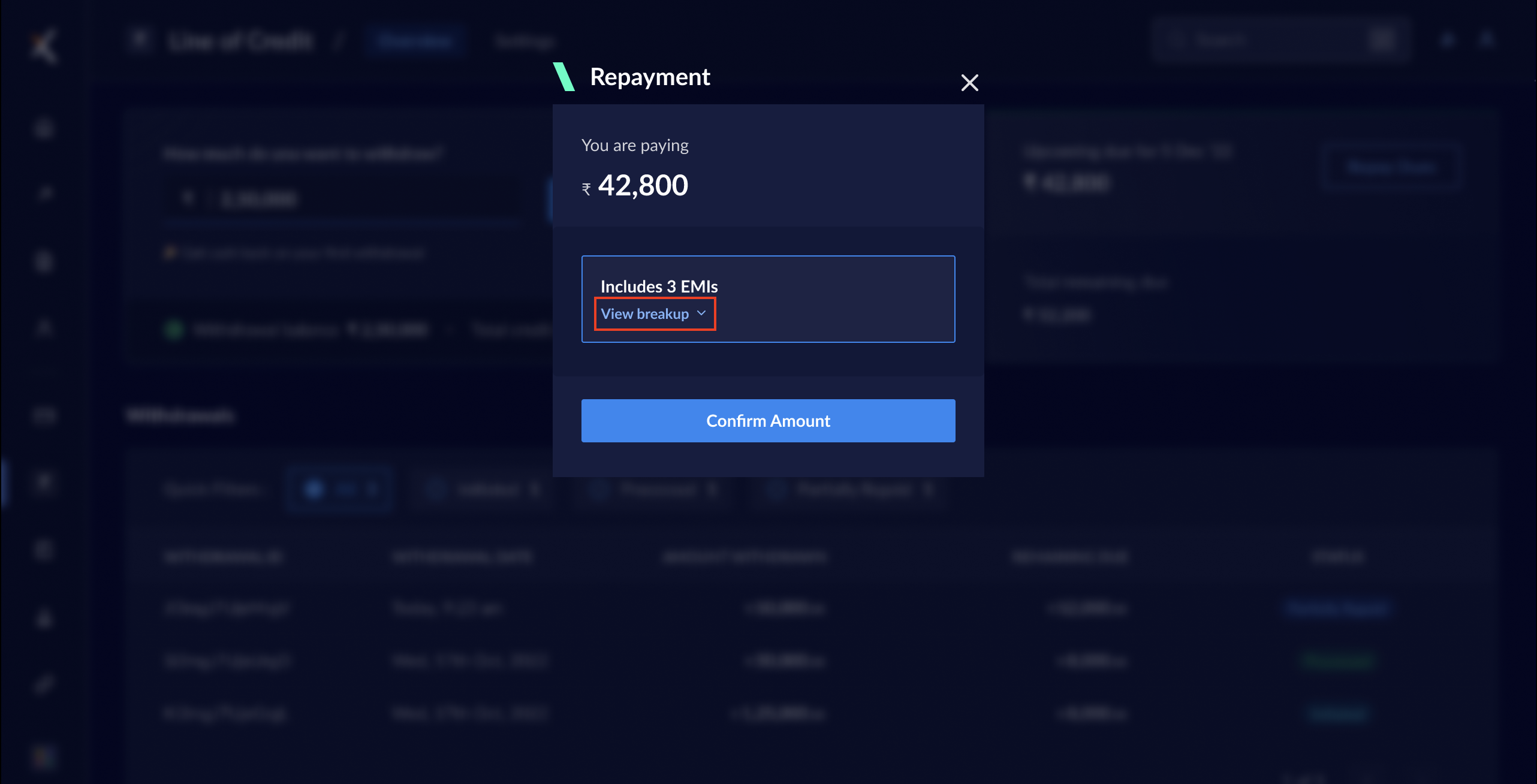 LOC Repayment pop-up