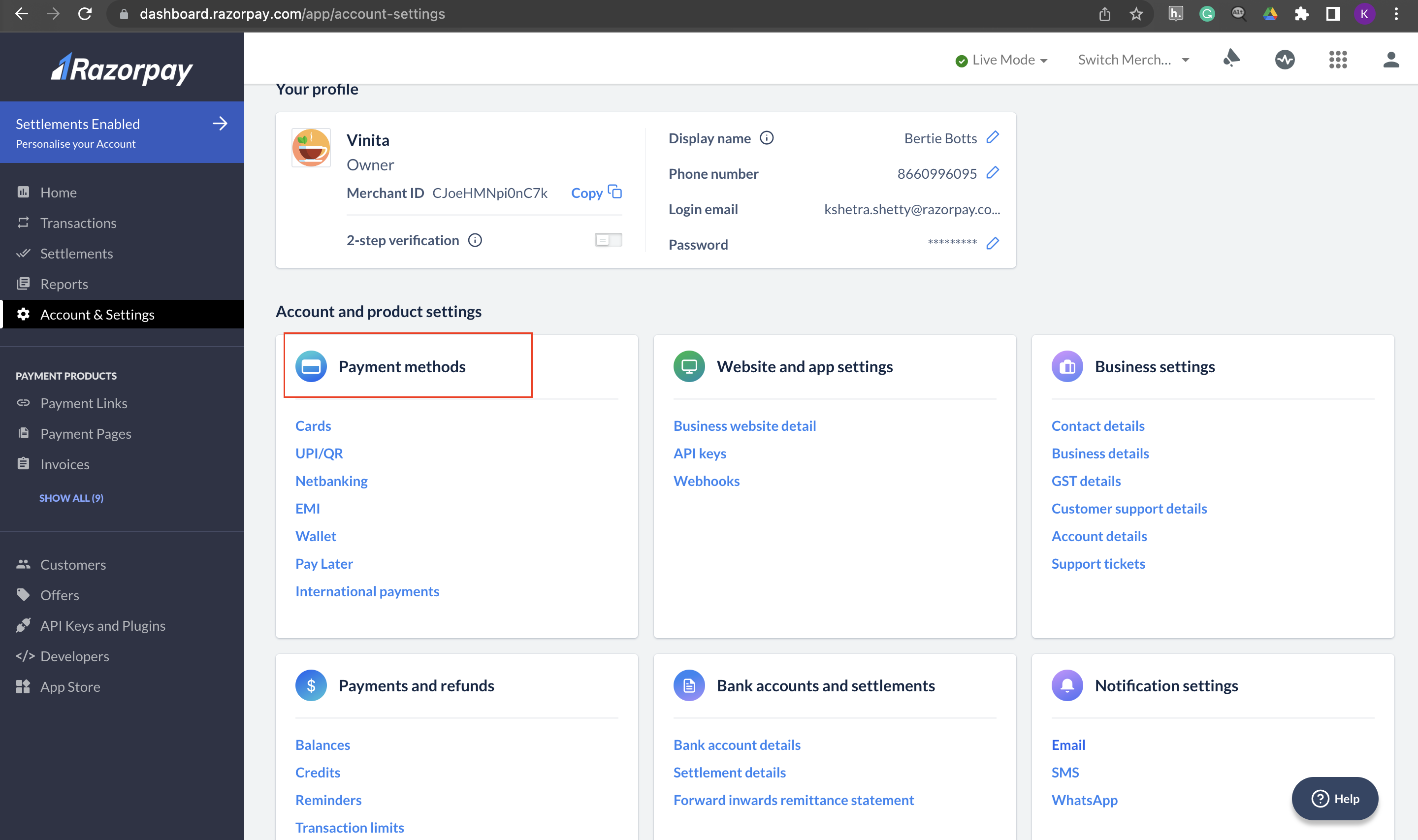 Dashboard - Payment methods