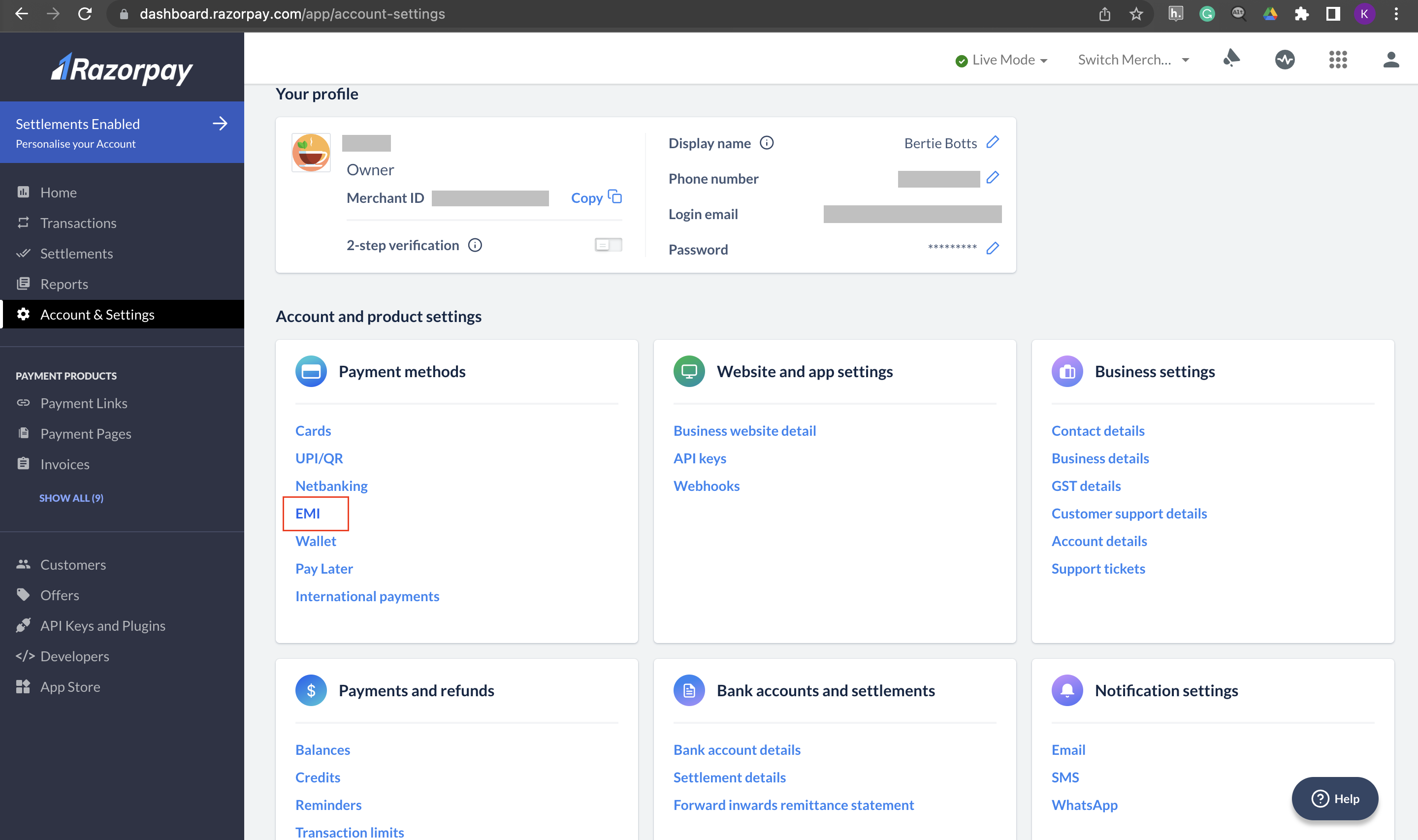 Dashboard - Payment Methods Enable EMI.