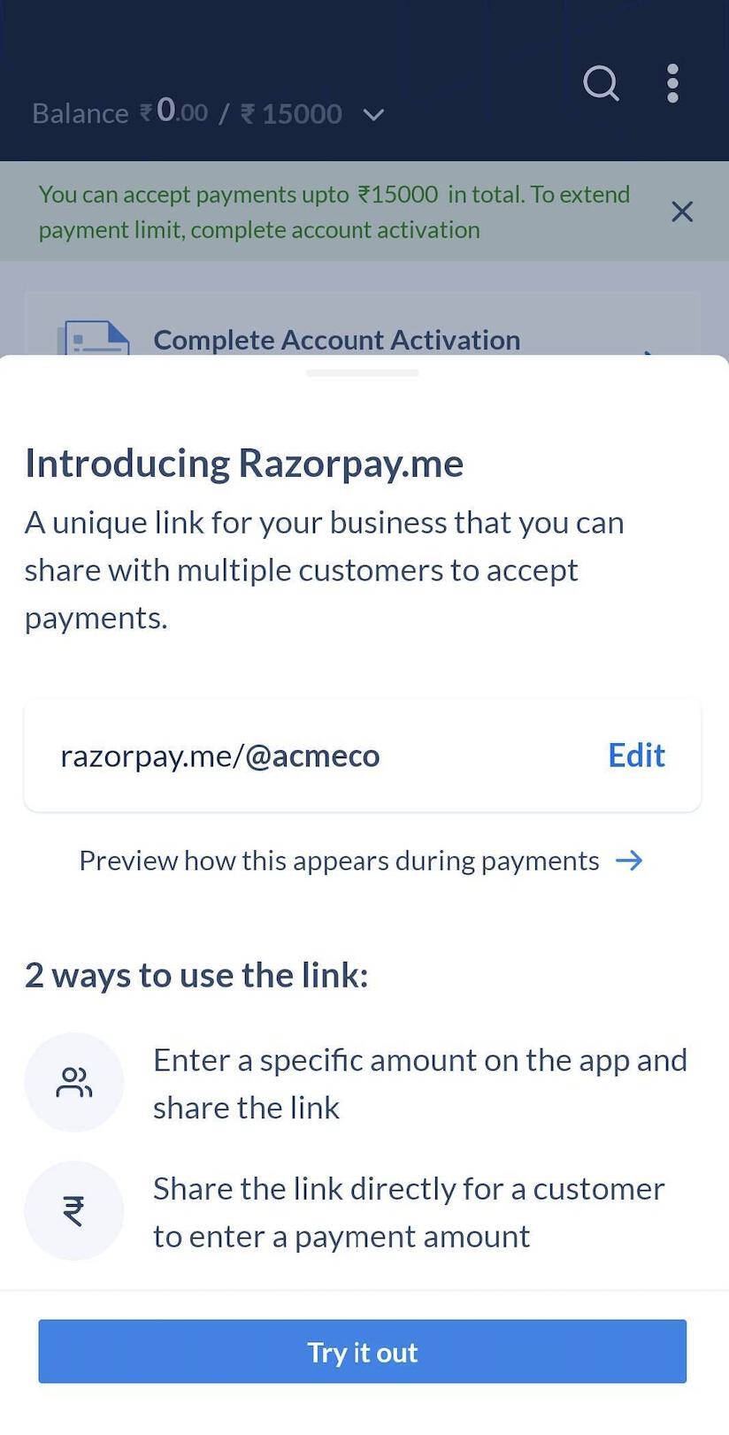 Create Razorpay.me URL