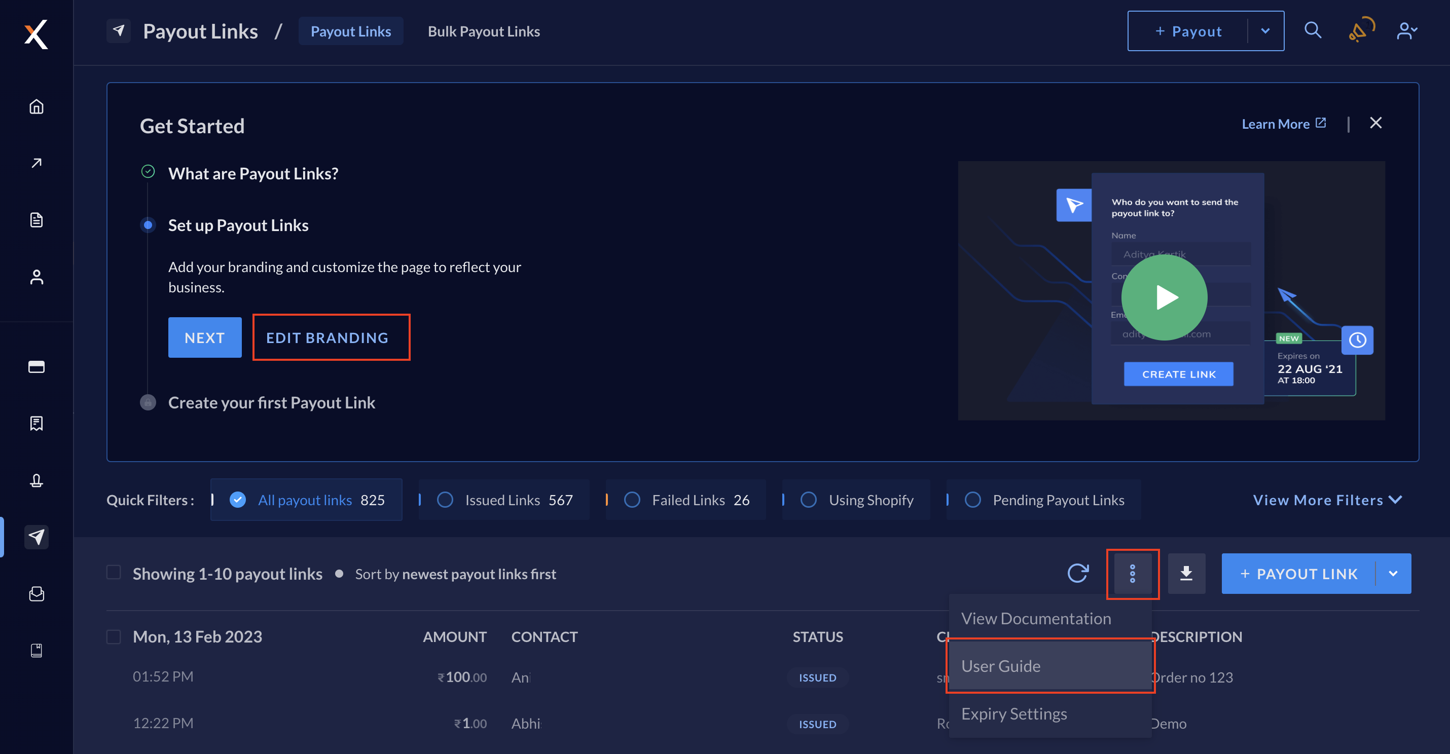 Payout Links Dashboard on RazorpayX to customise branding