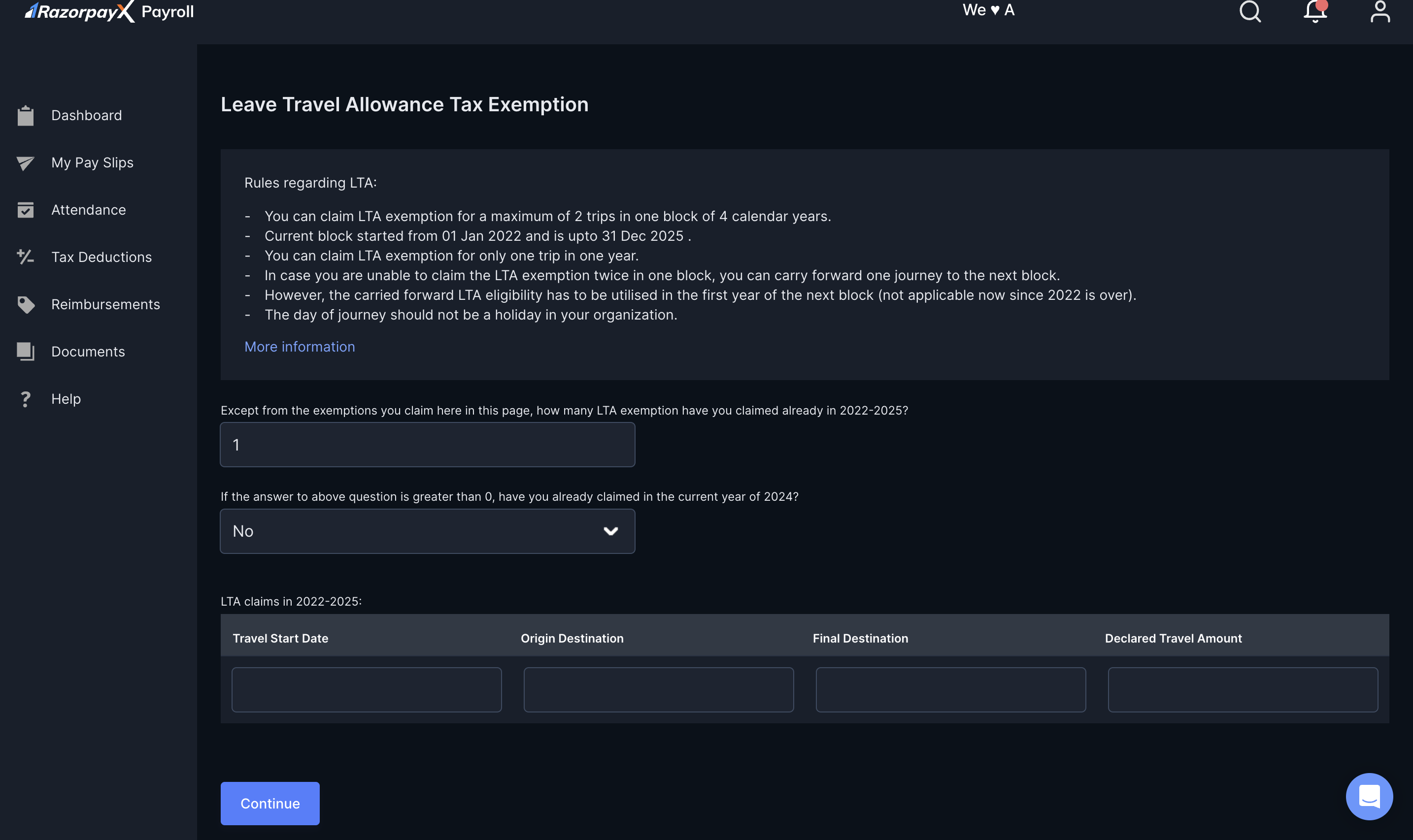 Payroll Dashboard enter LTA details