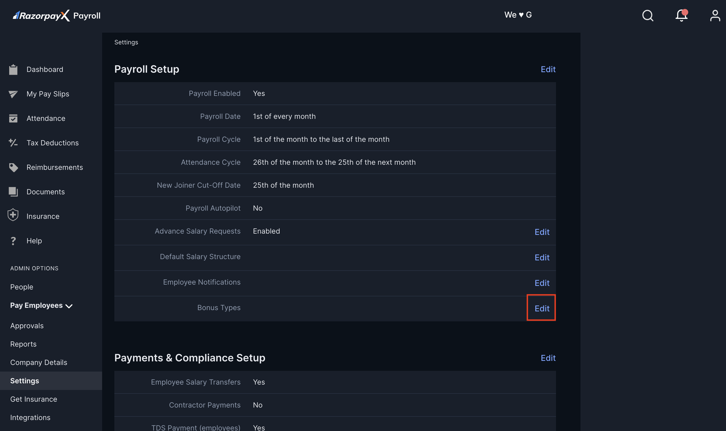 Settings Payroll Setup Bonus Types Edit on Razorpay Payroll