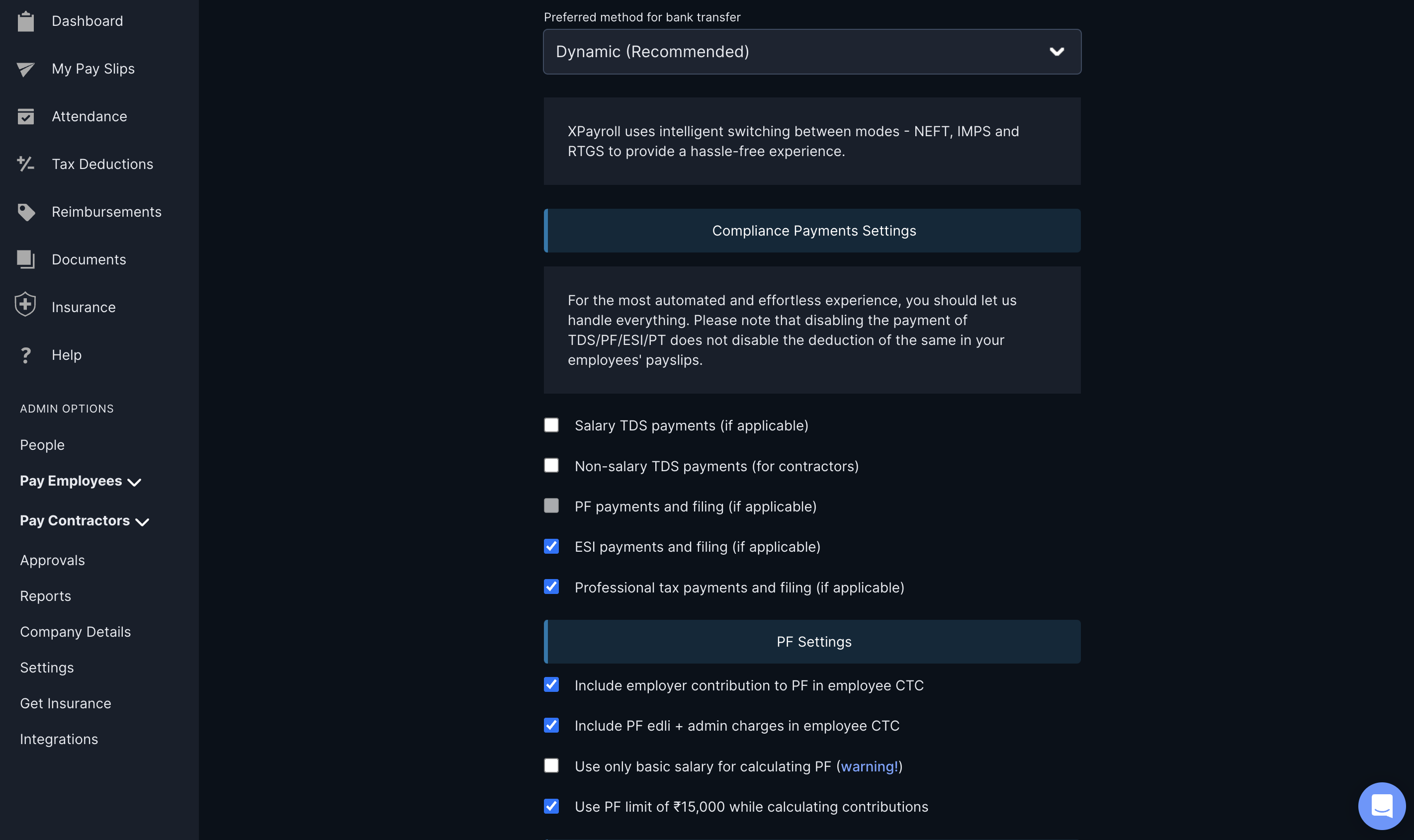 Compliance Payments Setting section Clear checkboxes Payroll Dashboard