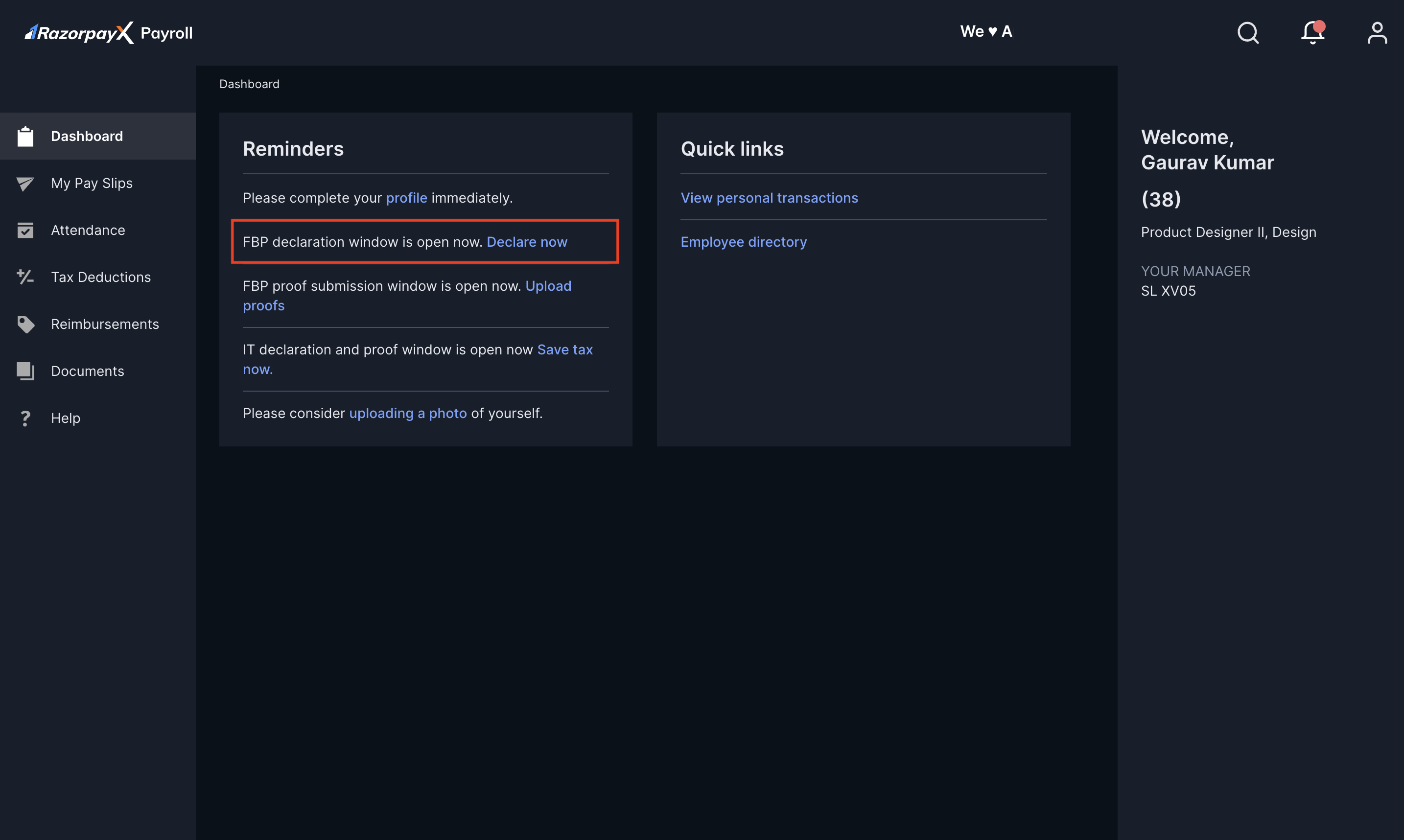 Click FBP Declare now on Razorpay Payroll Dashboard