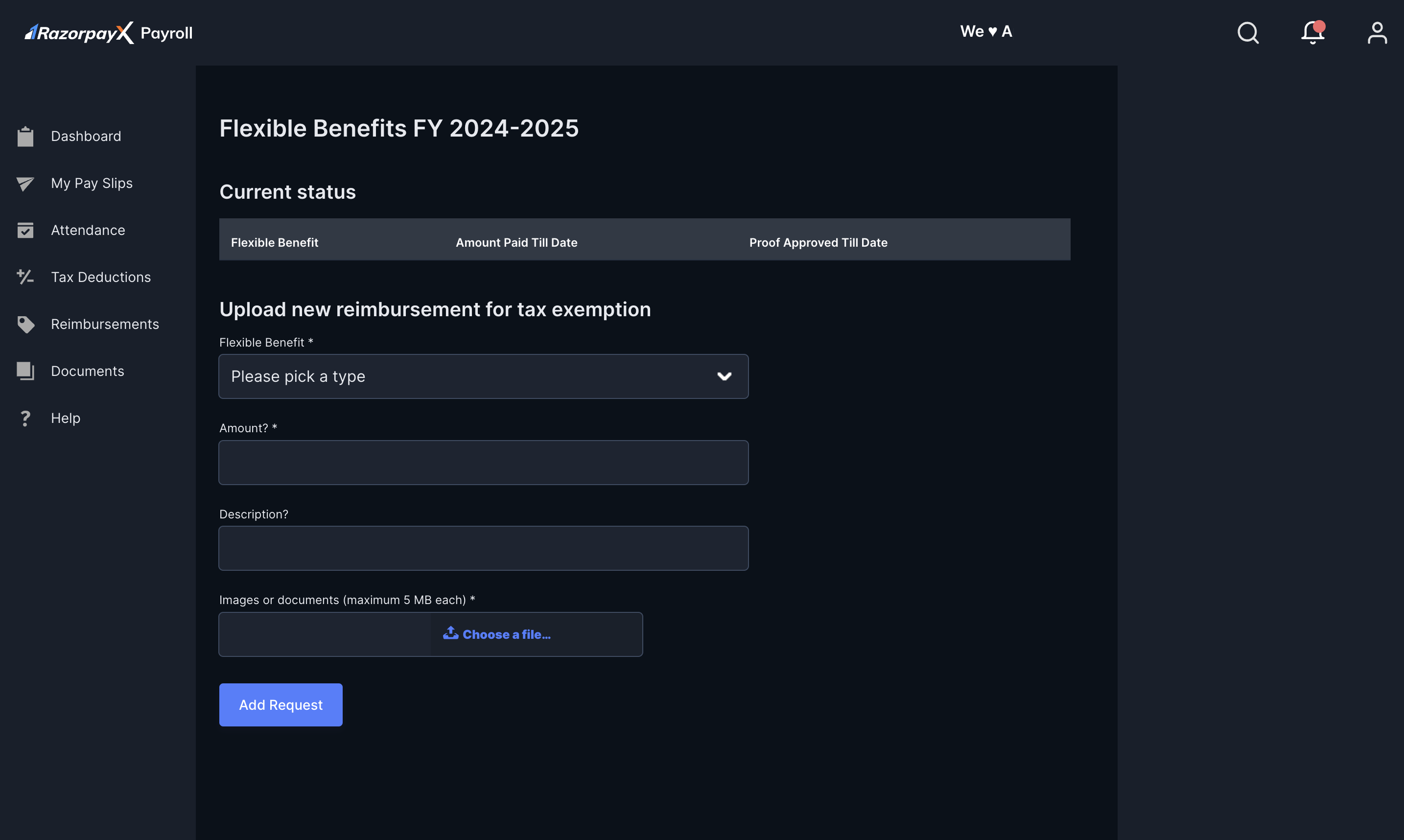 Upload flexible benefits proofs on Payroll Dashboard