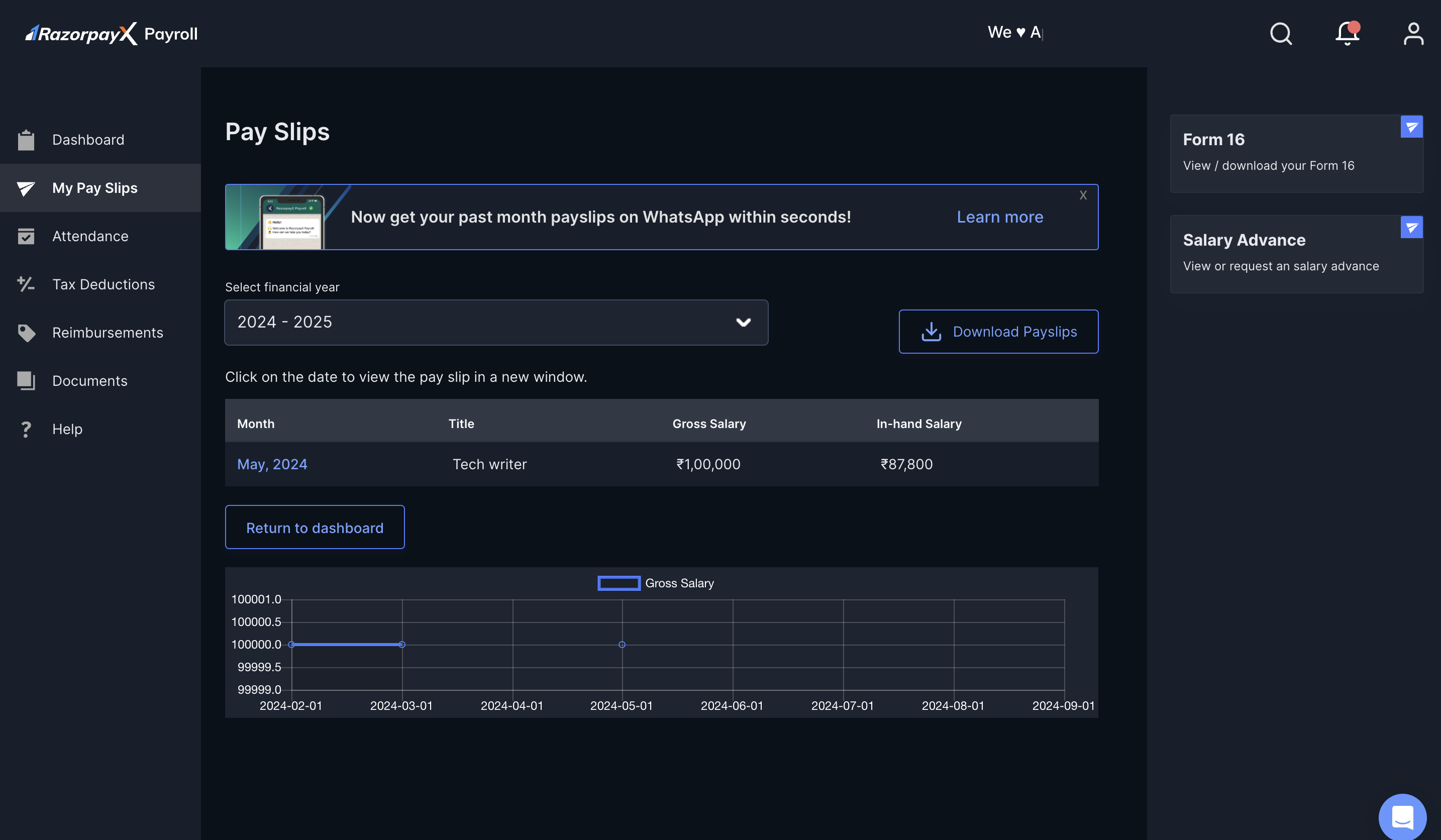 My Pay Slips click month on Payroll Dashboard