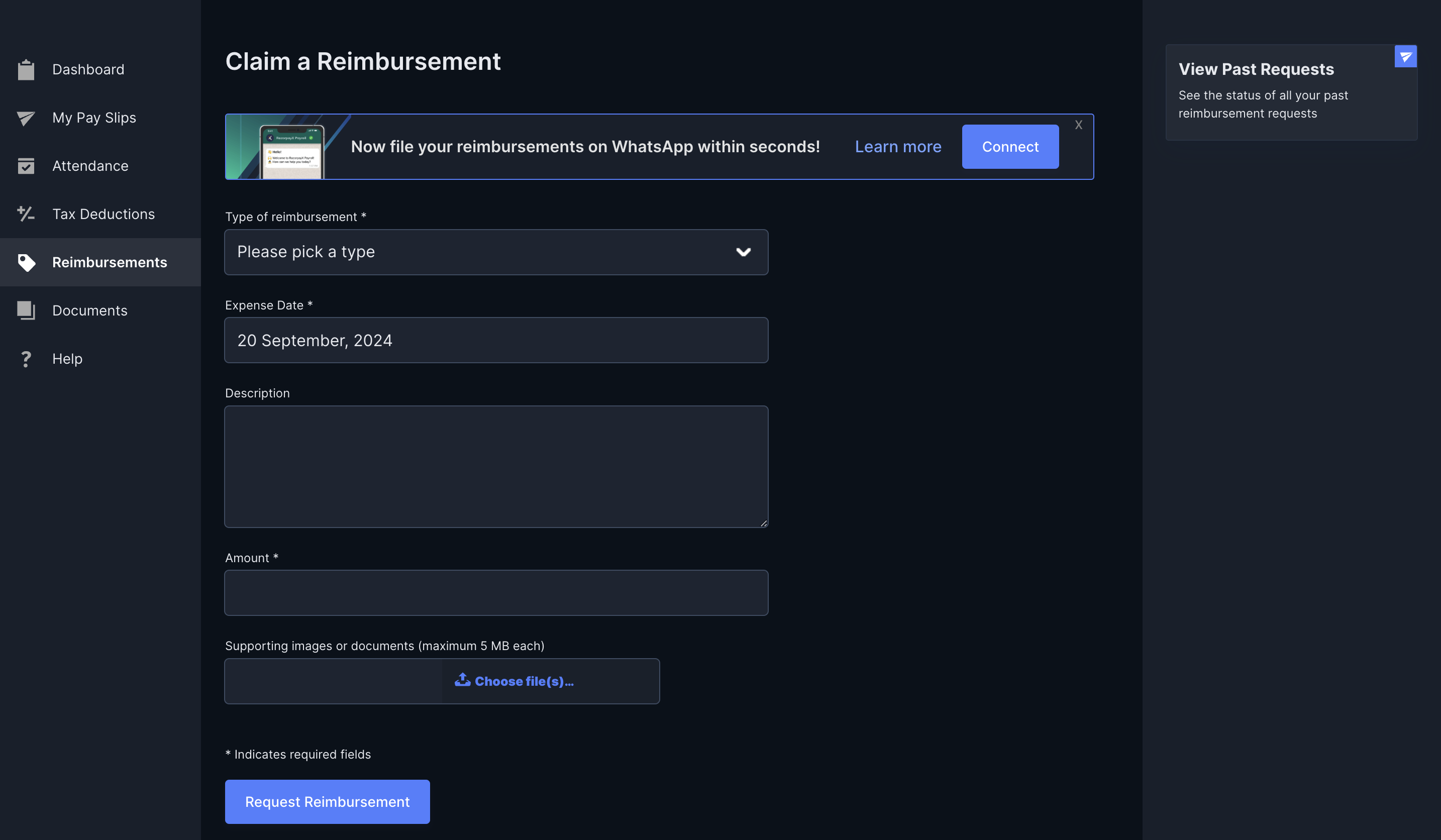 Request reimbursements on Payroll Dashboard