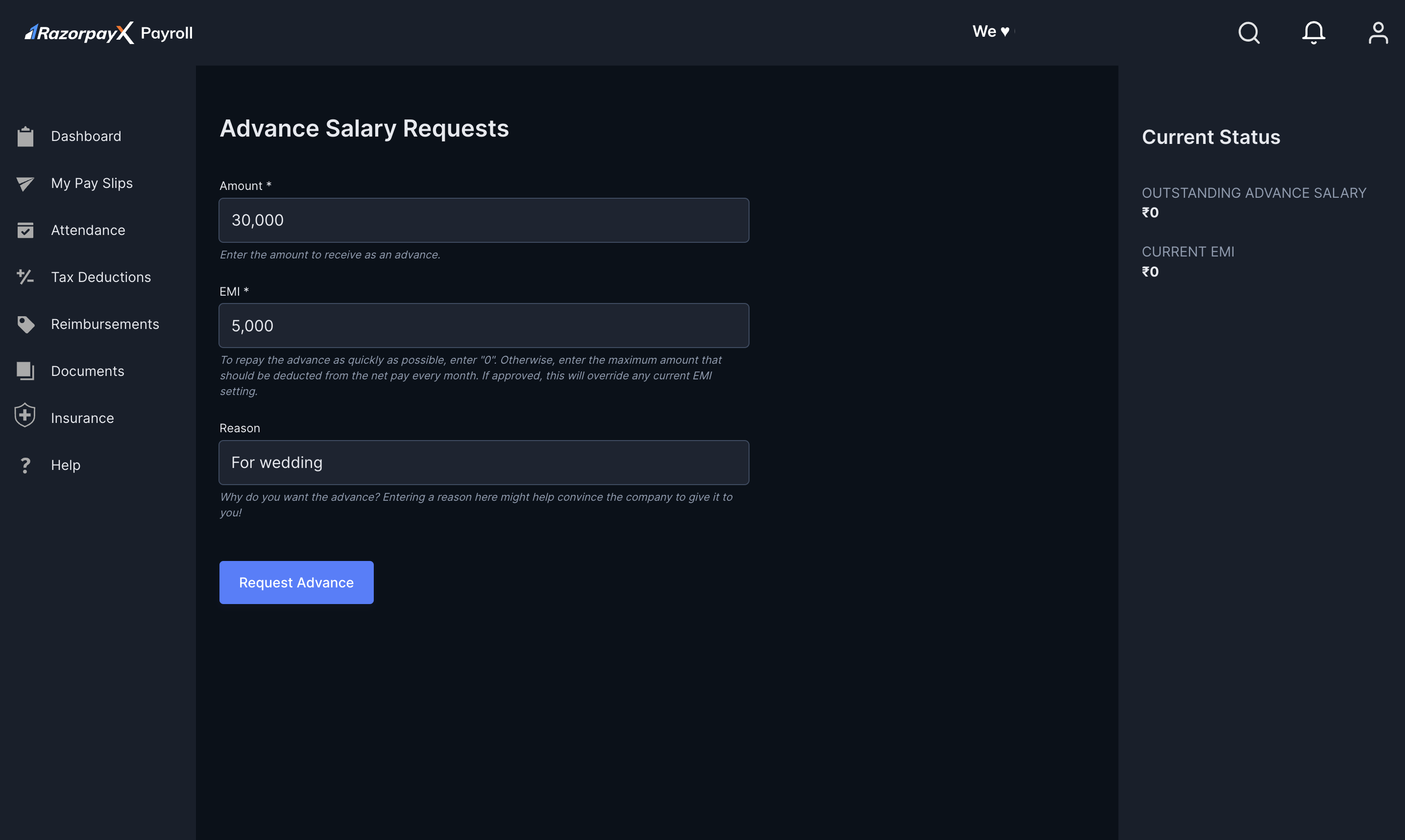 Request Salary Advance Razorpay Payroll