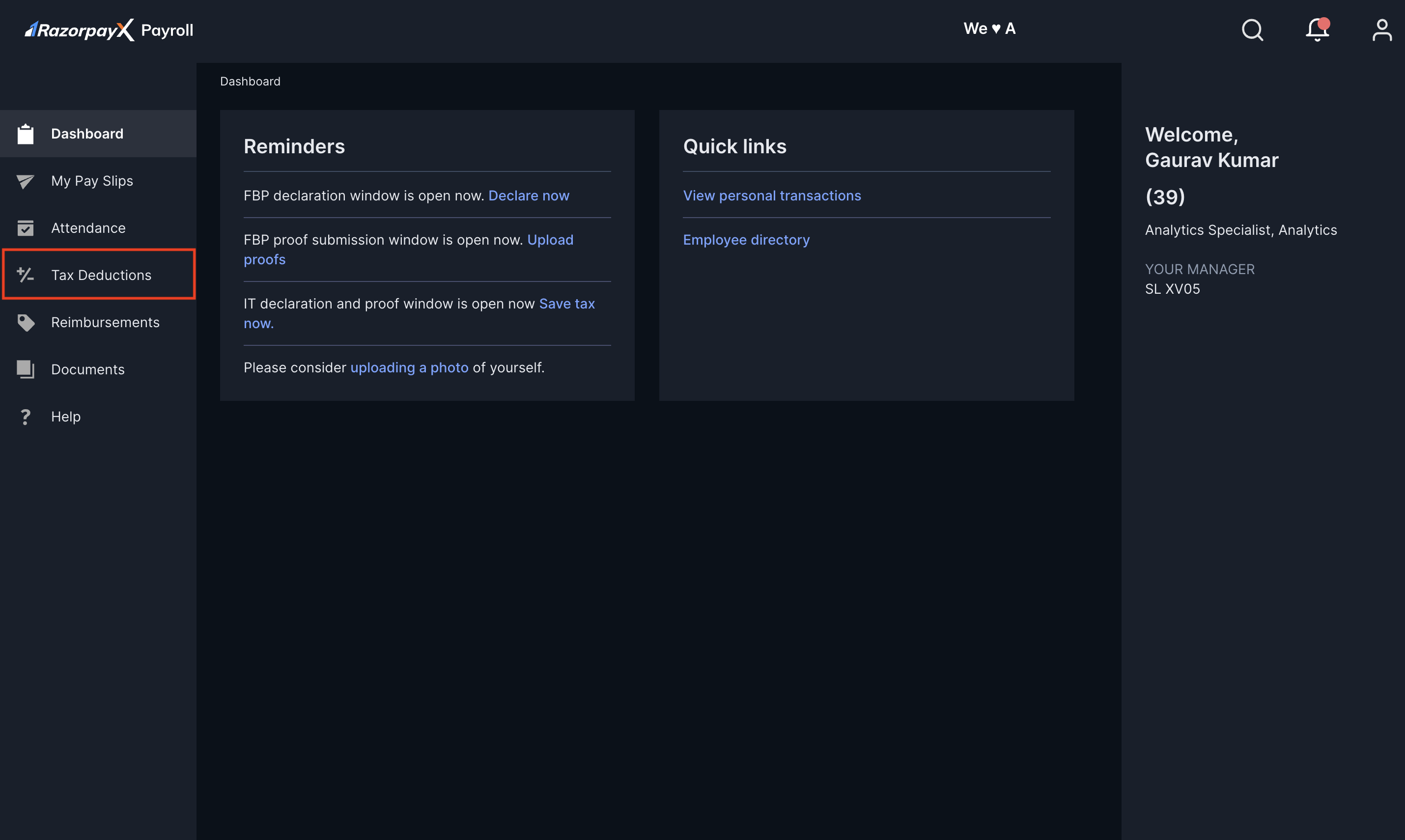 Tax Deductions option on left menu in Dashboard