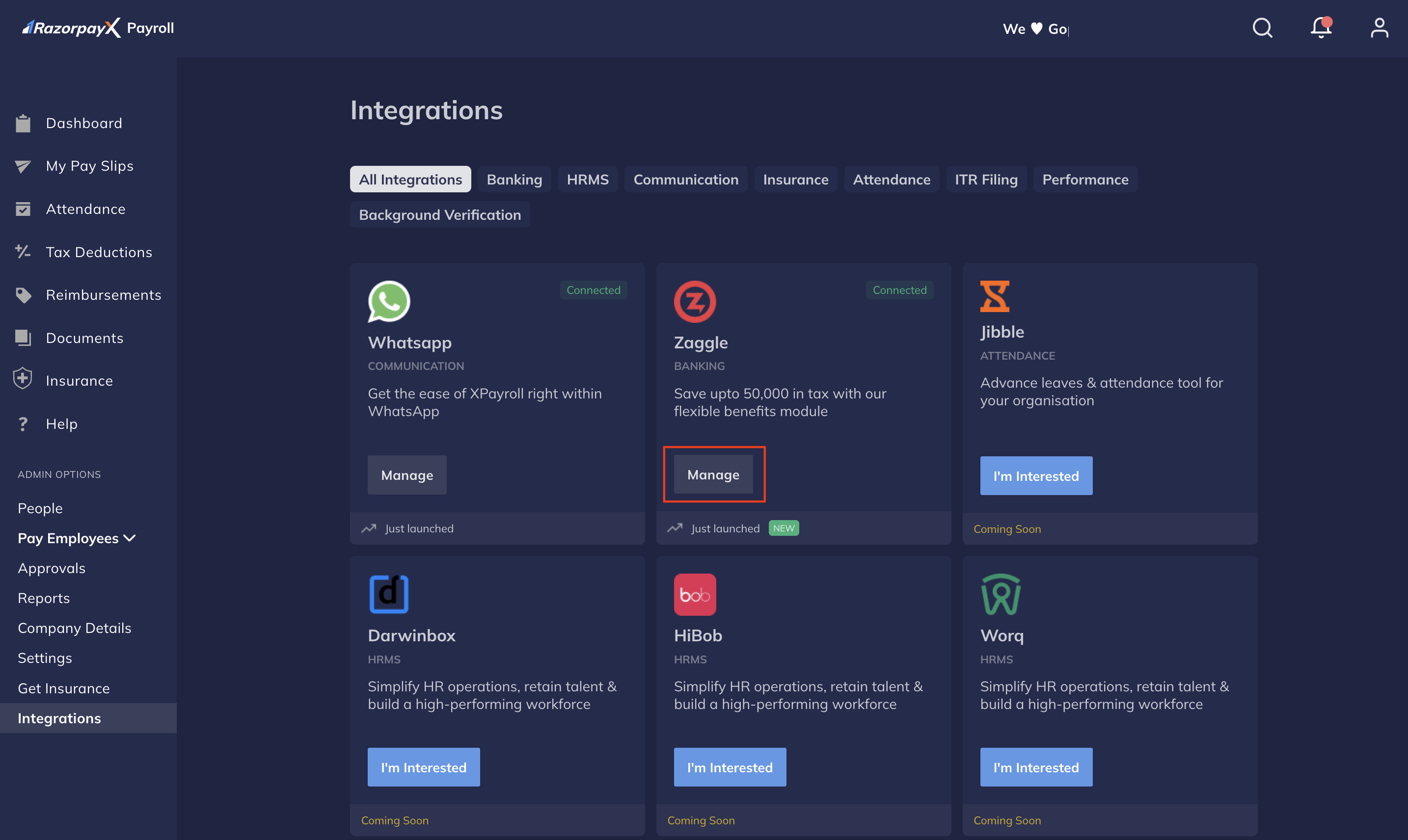 Click Manage in Payroll Integrations Dashboard Zaggle