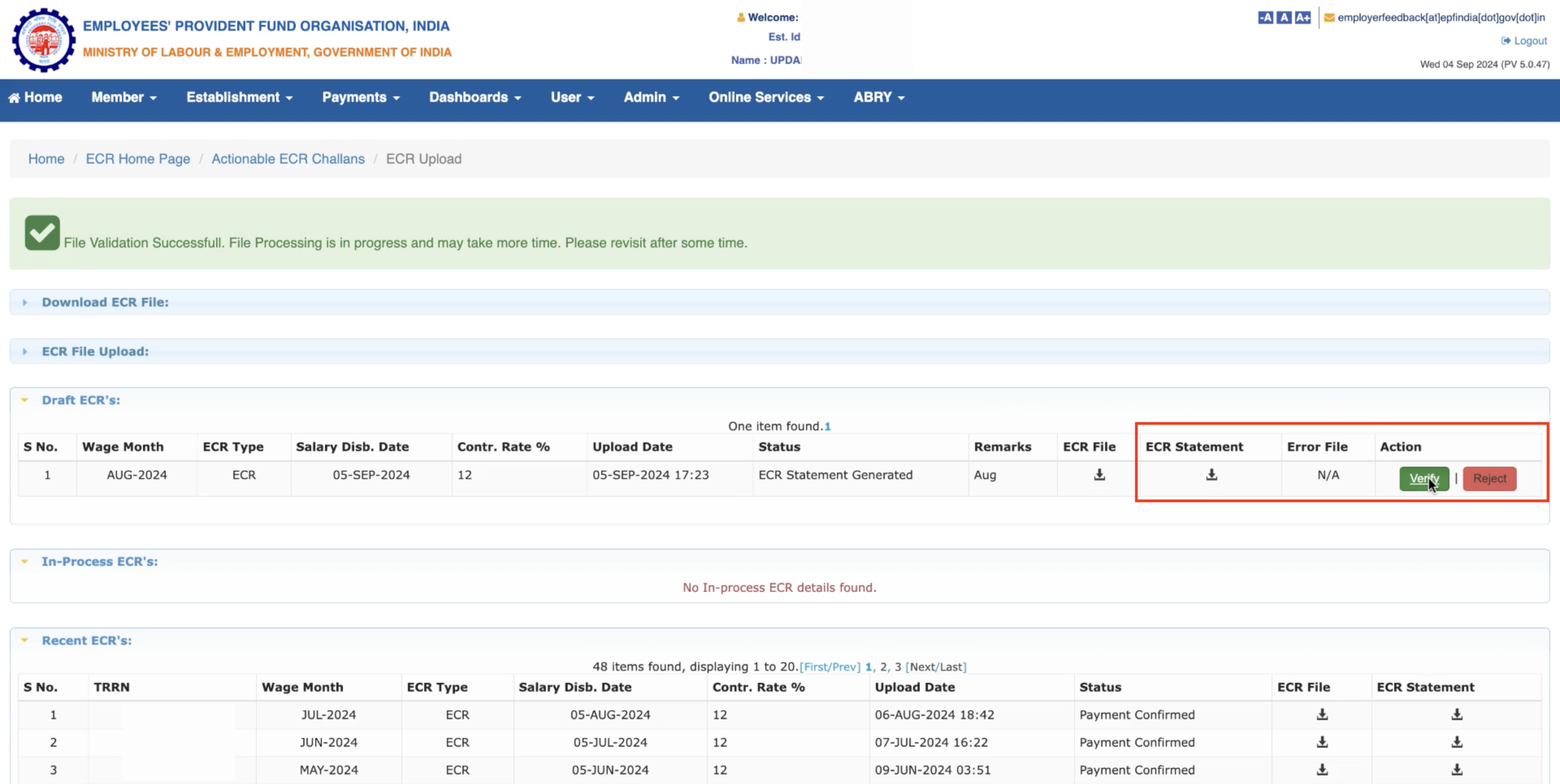 Payroll PF ECR validation