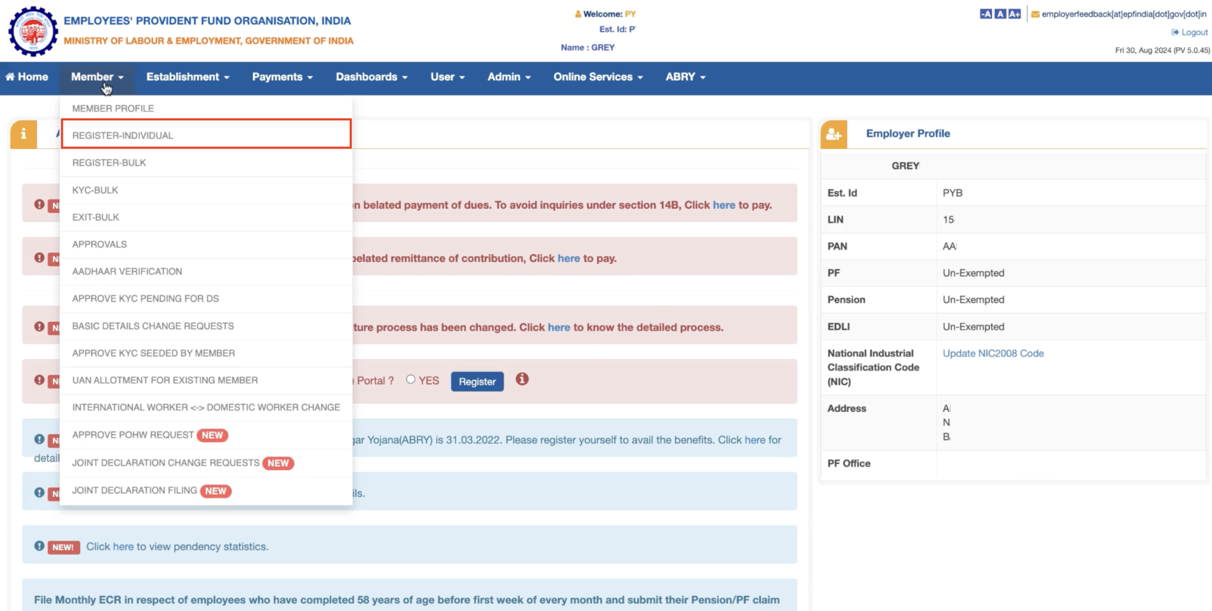 EPFO portal Payroll make PF payments