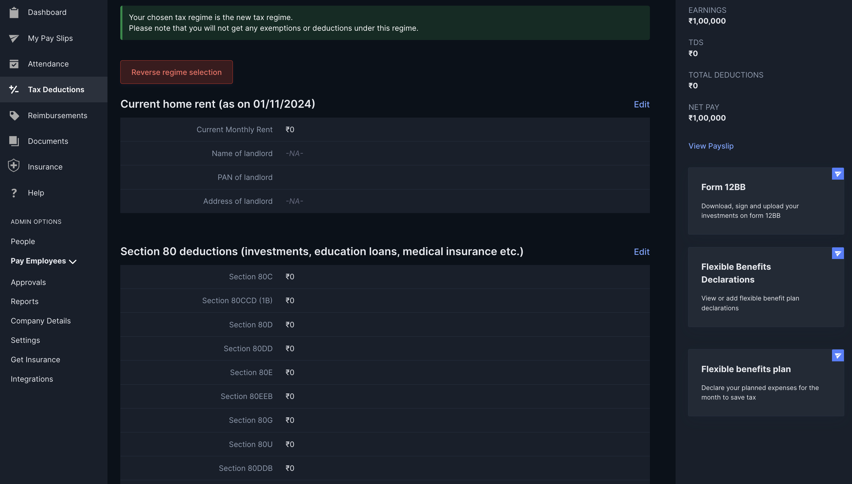 Reverse regime selection on Payroll Dashboard