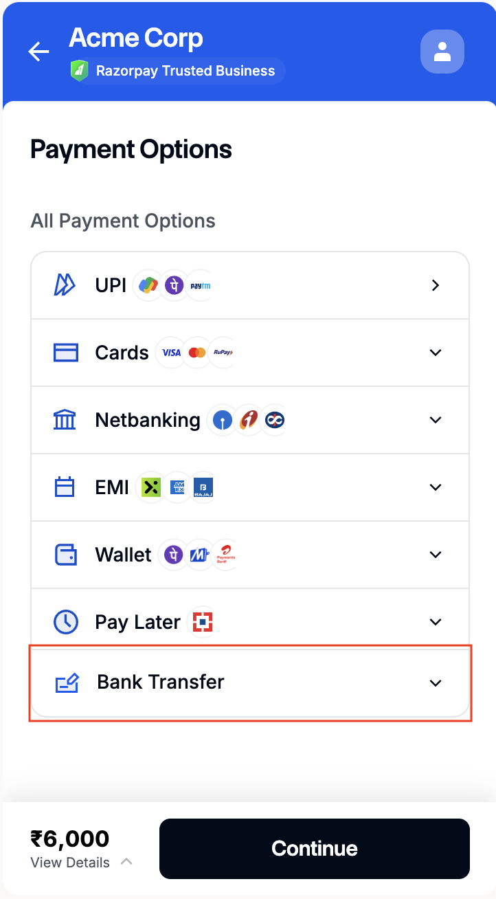 Checkout screen with Bank Transfer