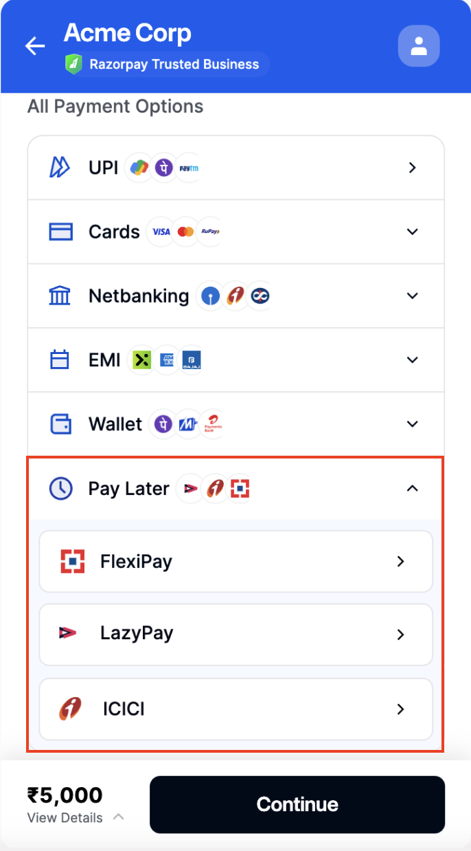 Pay Later payment method on Checkout screen