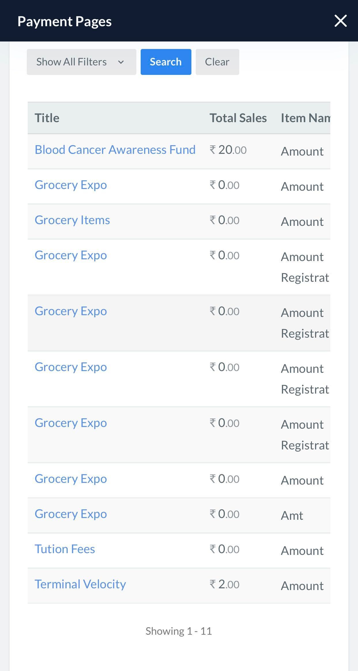 Payment Pages List