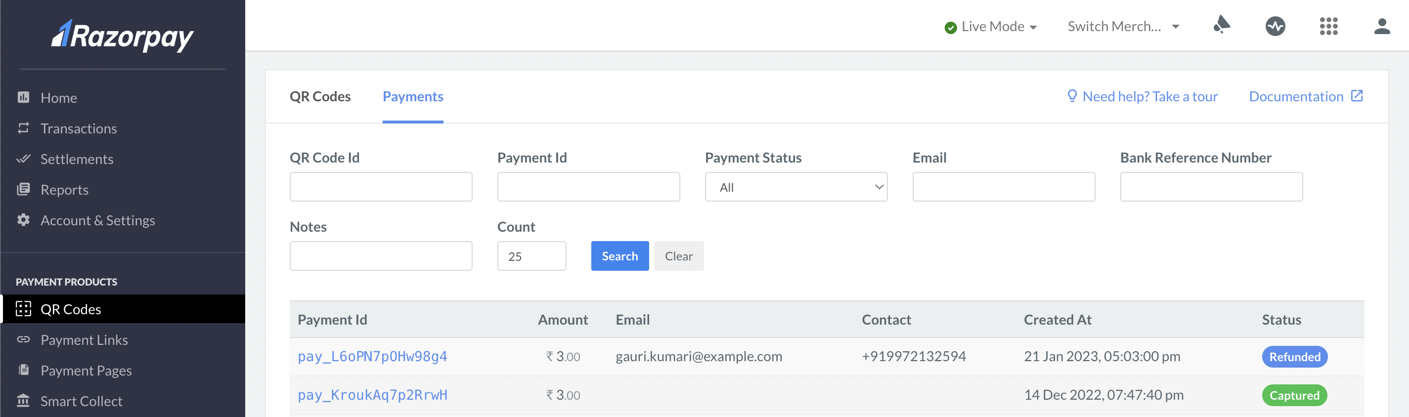 List of payments made via QR codes on the Razorpay Dashboard