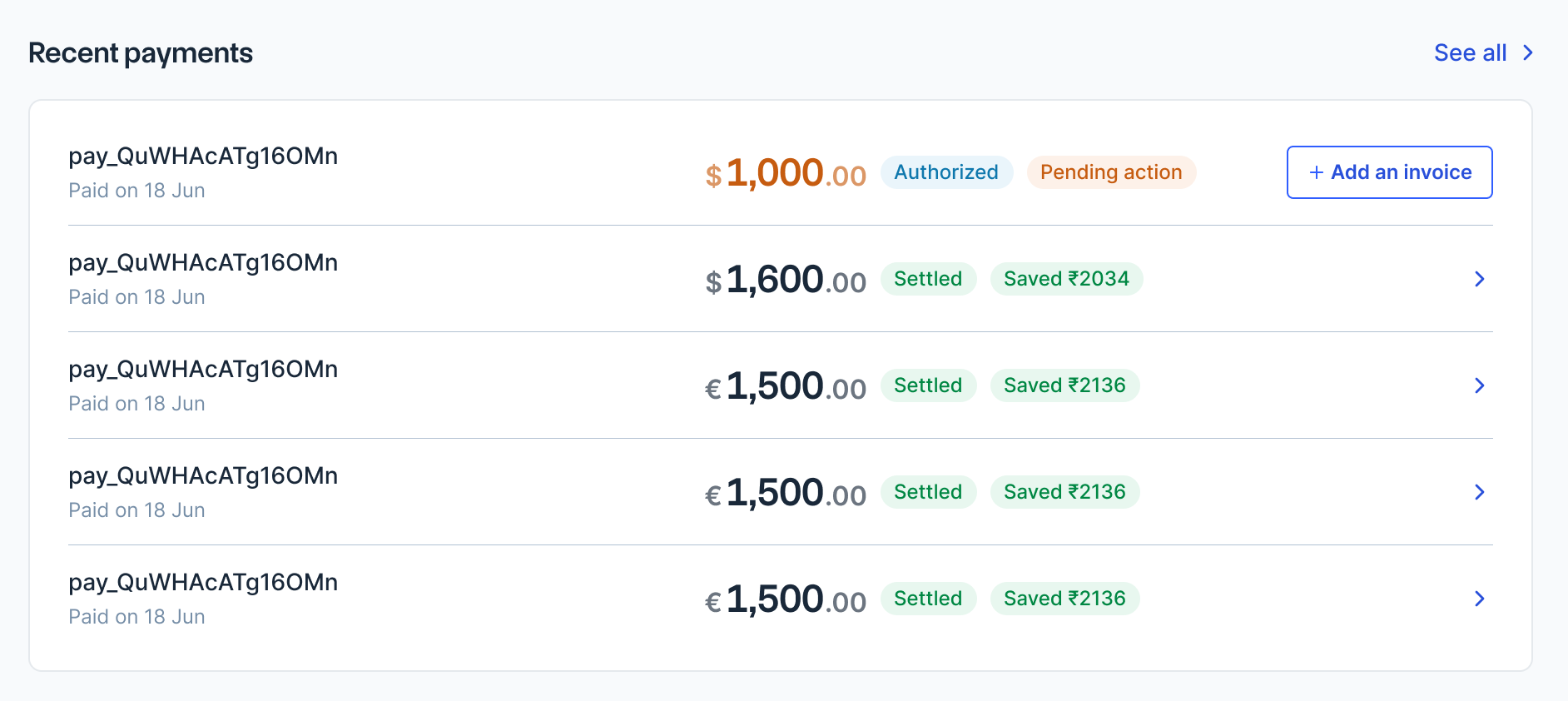 Recent transactions section