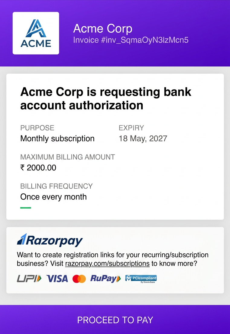 Razorpay-hosted registration link showing a monthly subscription mandate authorisation request, with maximum billing amount, frequency and expiry visible to the customer.