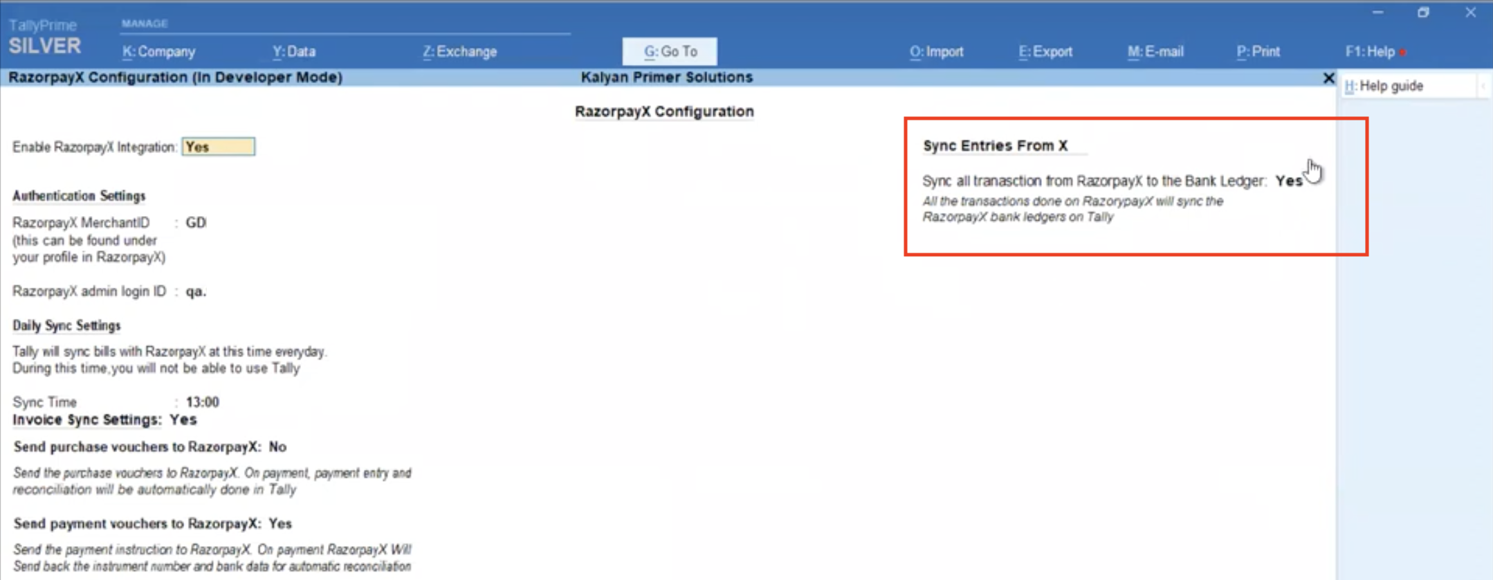 Select Yes in Tally to enable sync