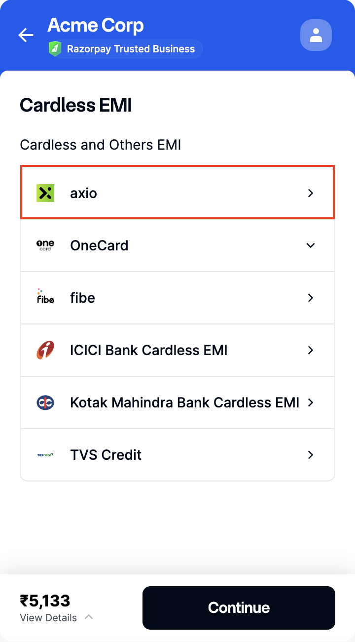 Select axio payment instrument