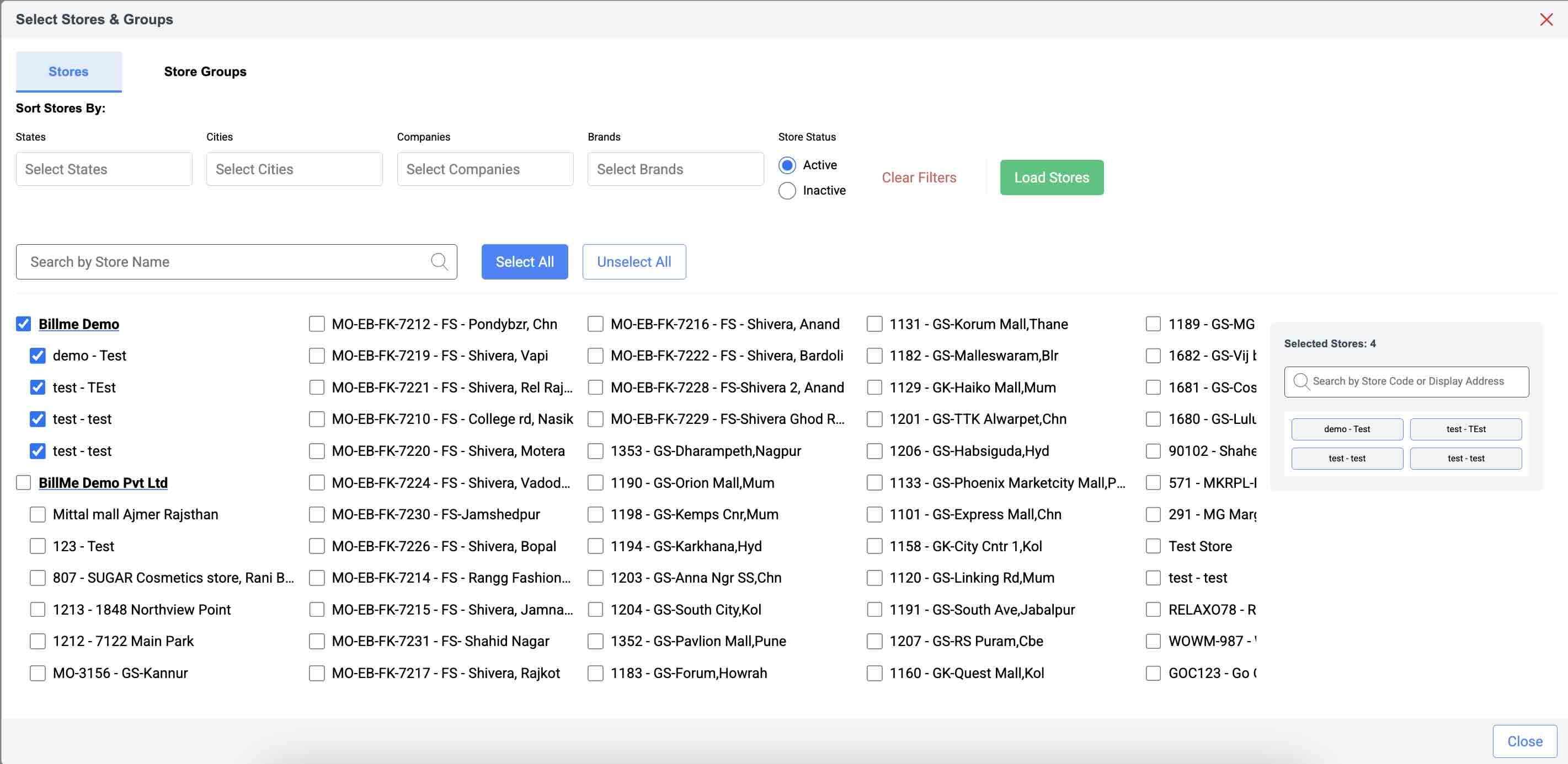 Select Stores and Groups Page