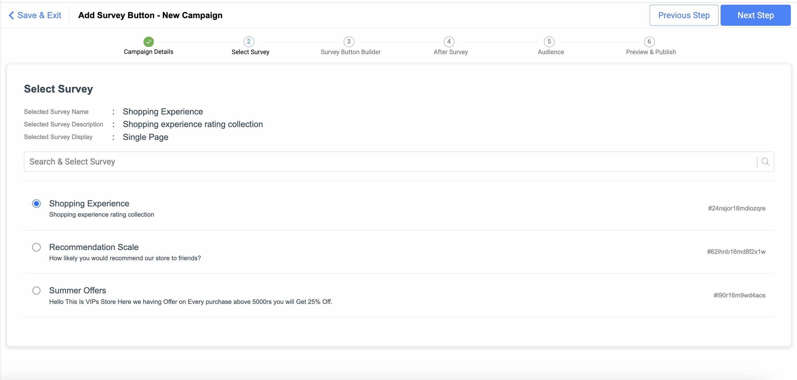 Select Survey for Add Survey Button