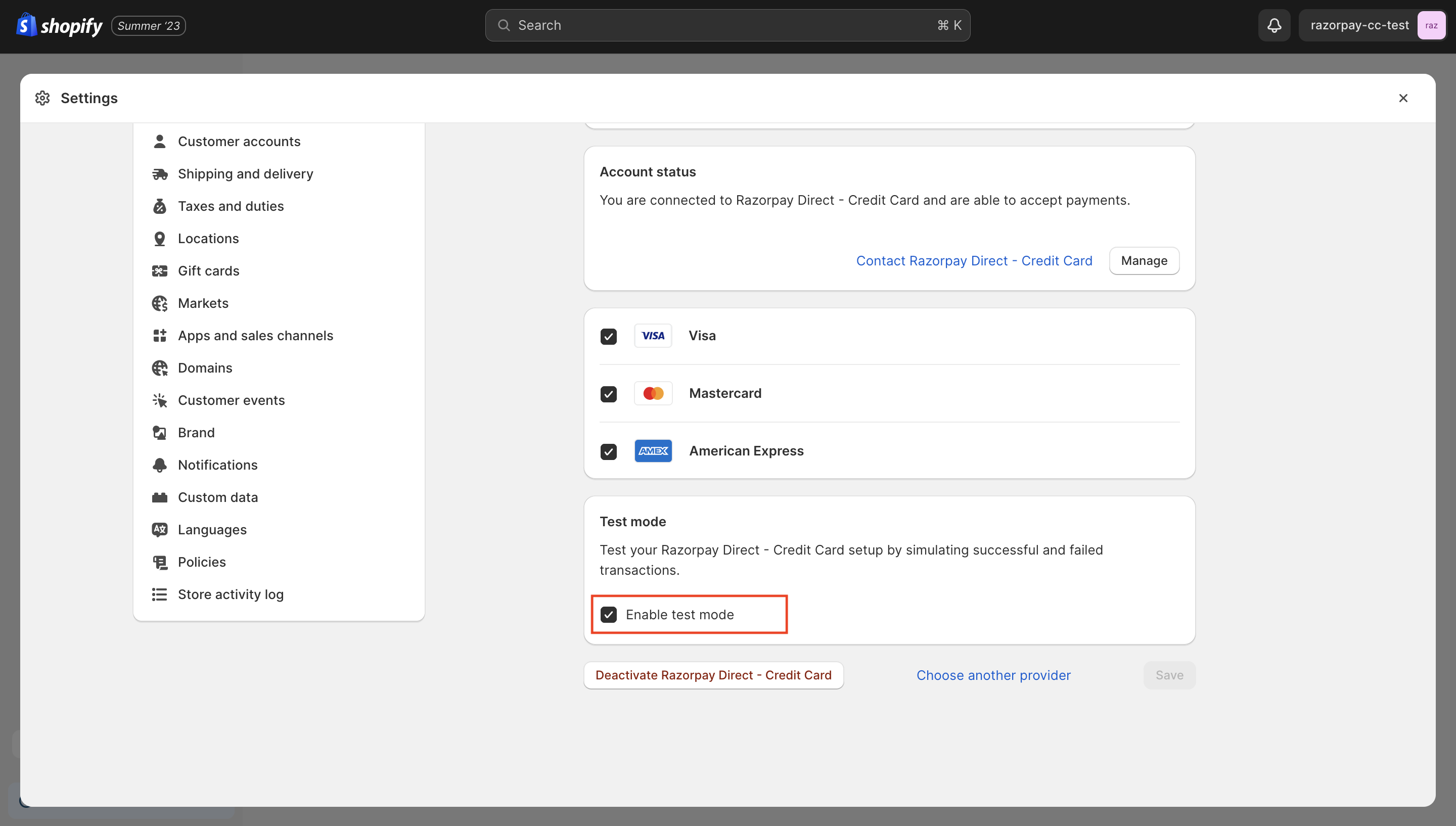 Enable test mode to test the flow