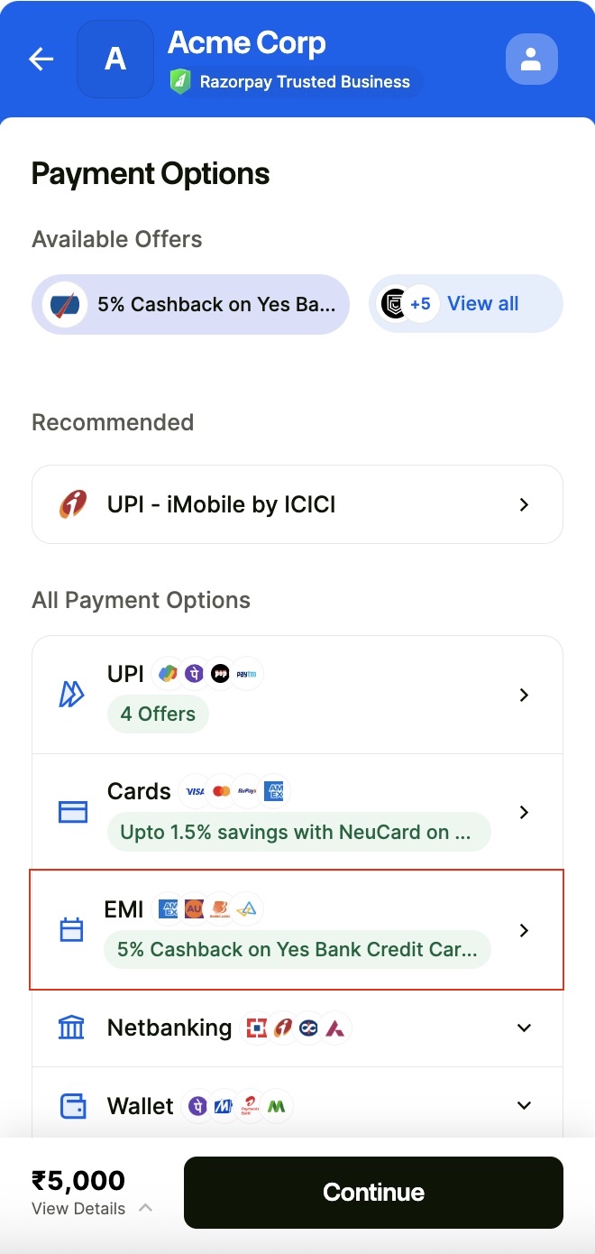 Select emi payment option on checkout