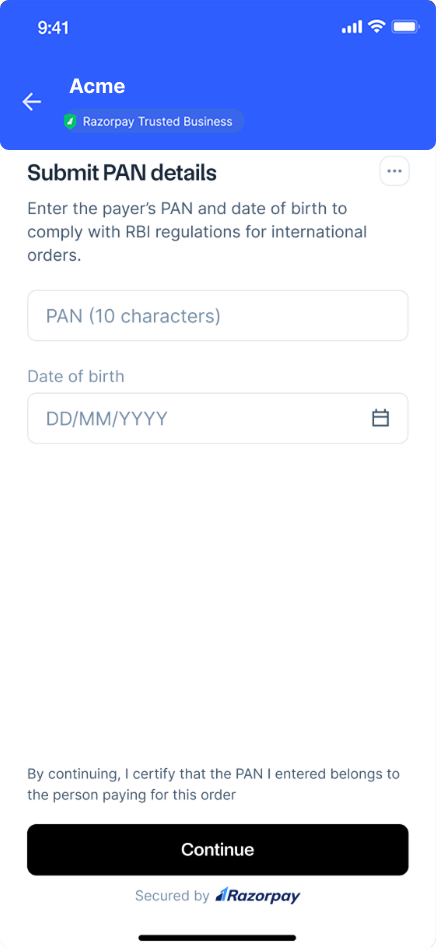 Submit PAN details screen