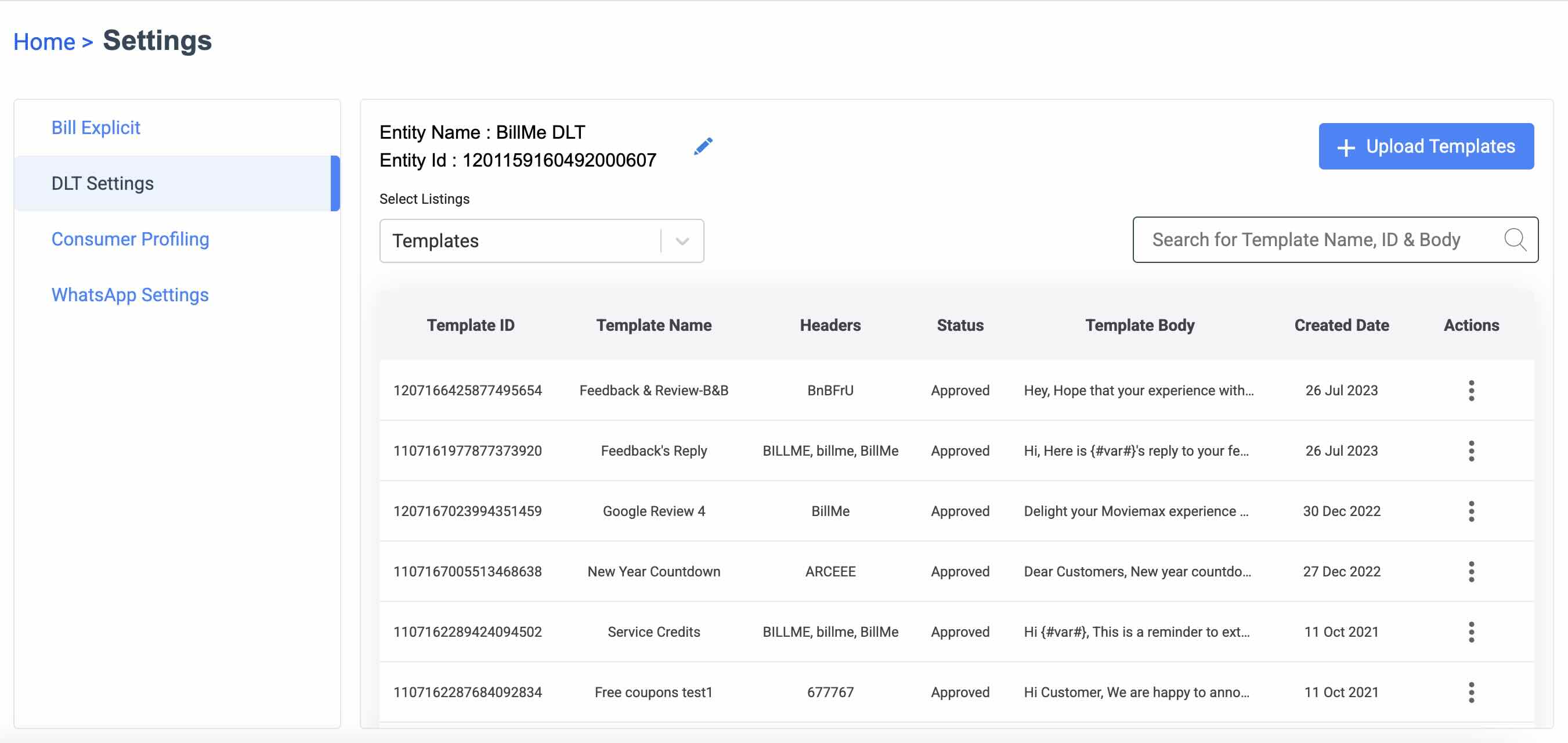 Templates Page DLT Settings