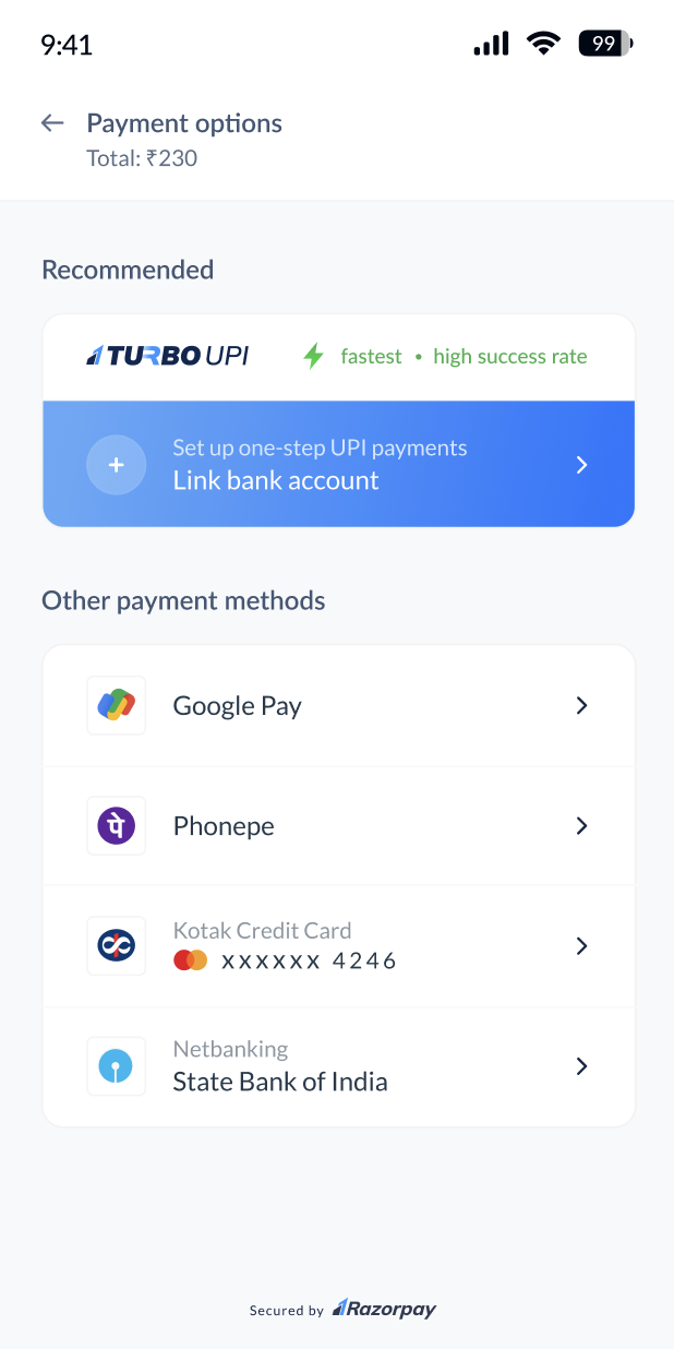 Razorpay Turbo UPI- Add bank account