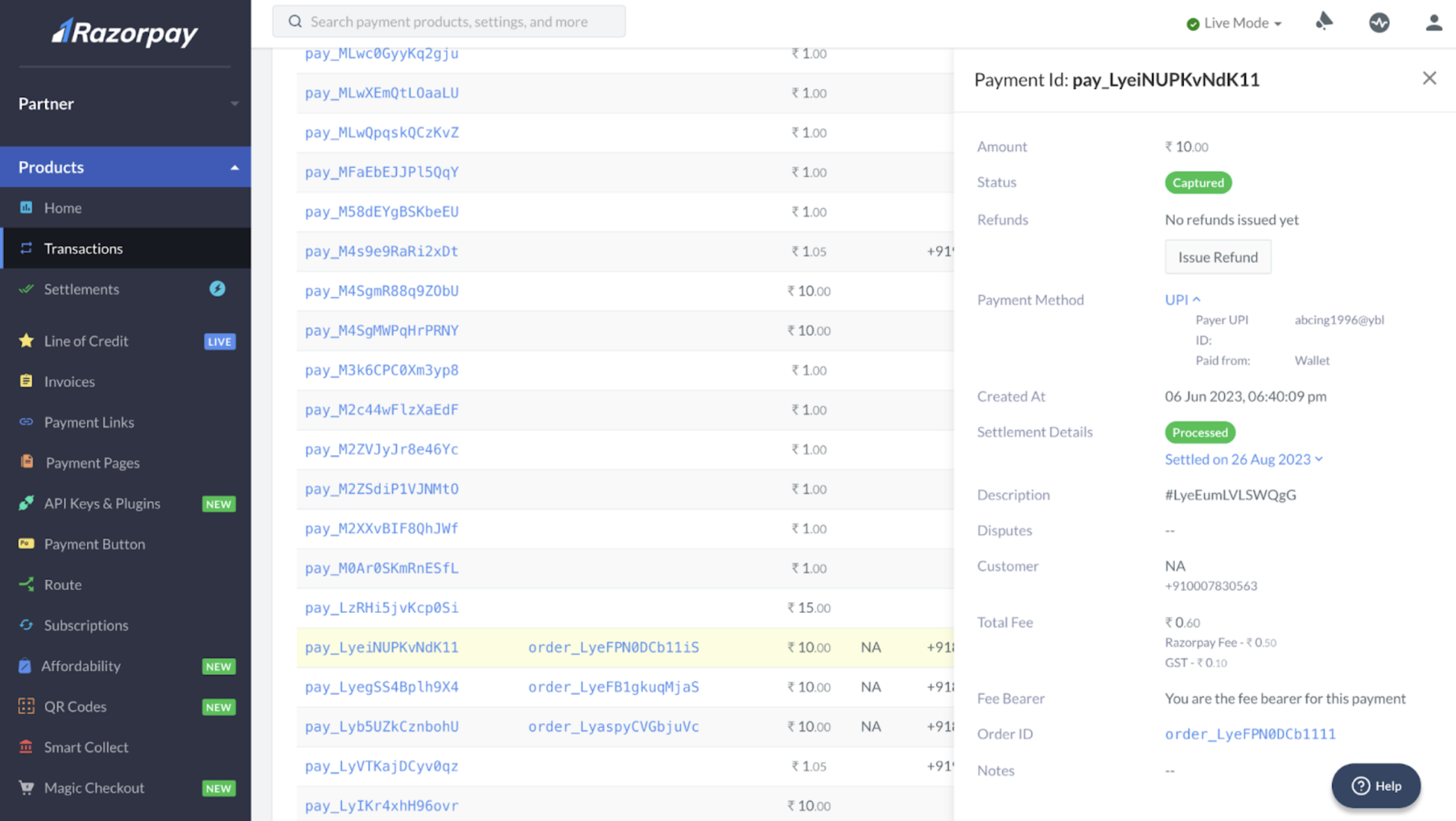 Image shows Wallet payment via UPI on Dashboard