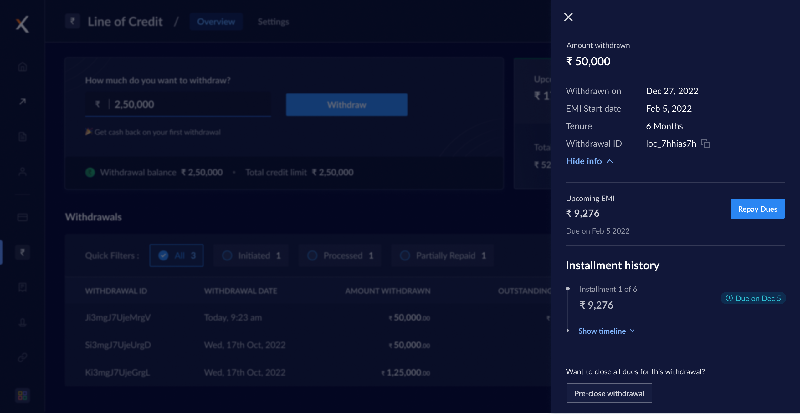 EMI withdrawal summary shown in the right pane on RazorpayX Dashboard