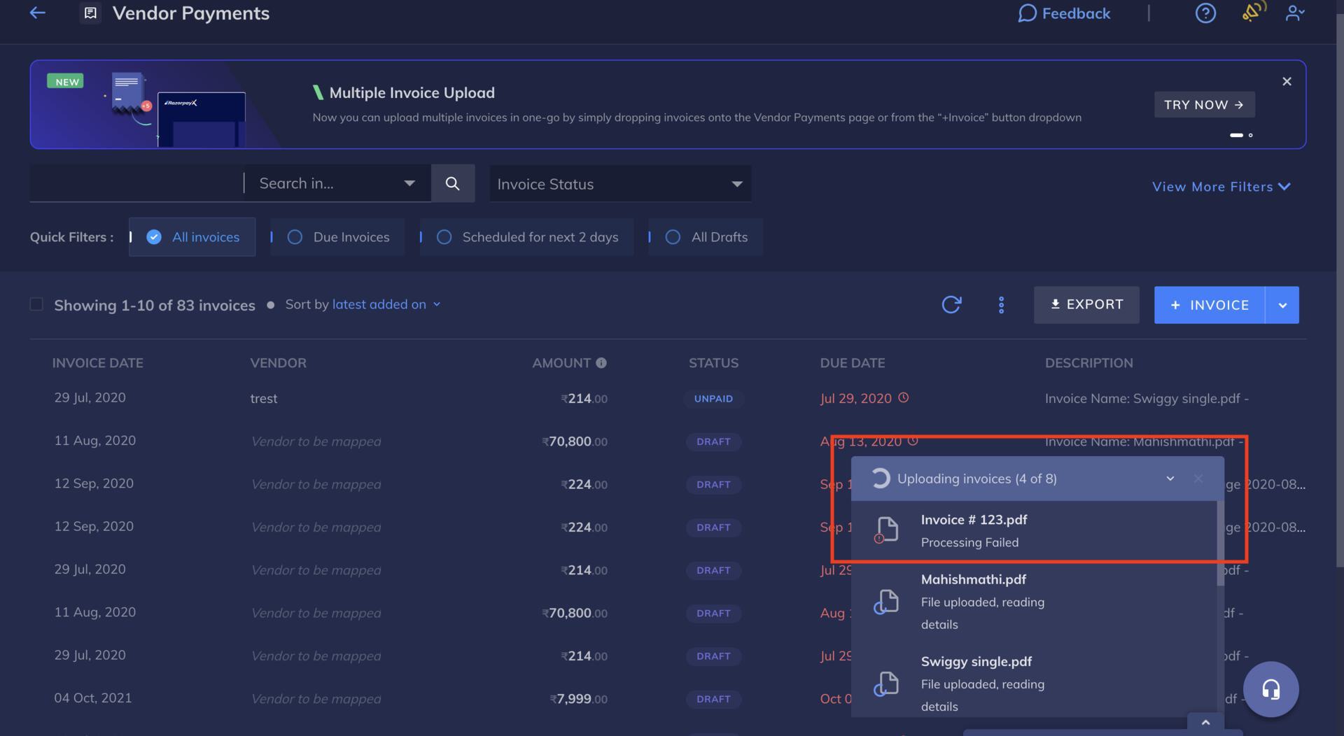 Bulk Invoices Upload message against the file reading Processing Failed